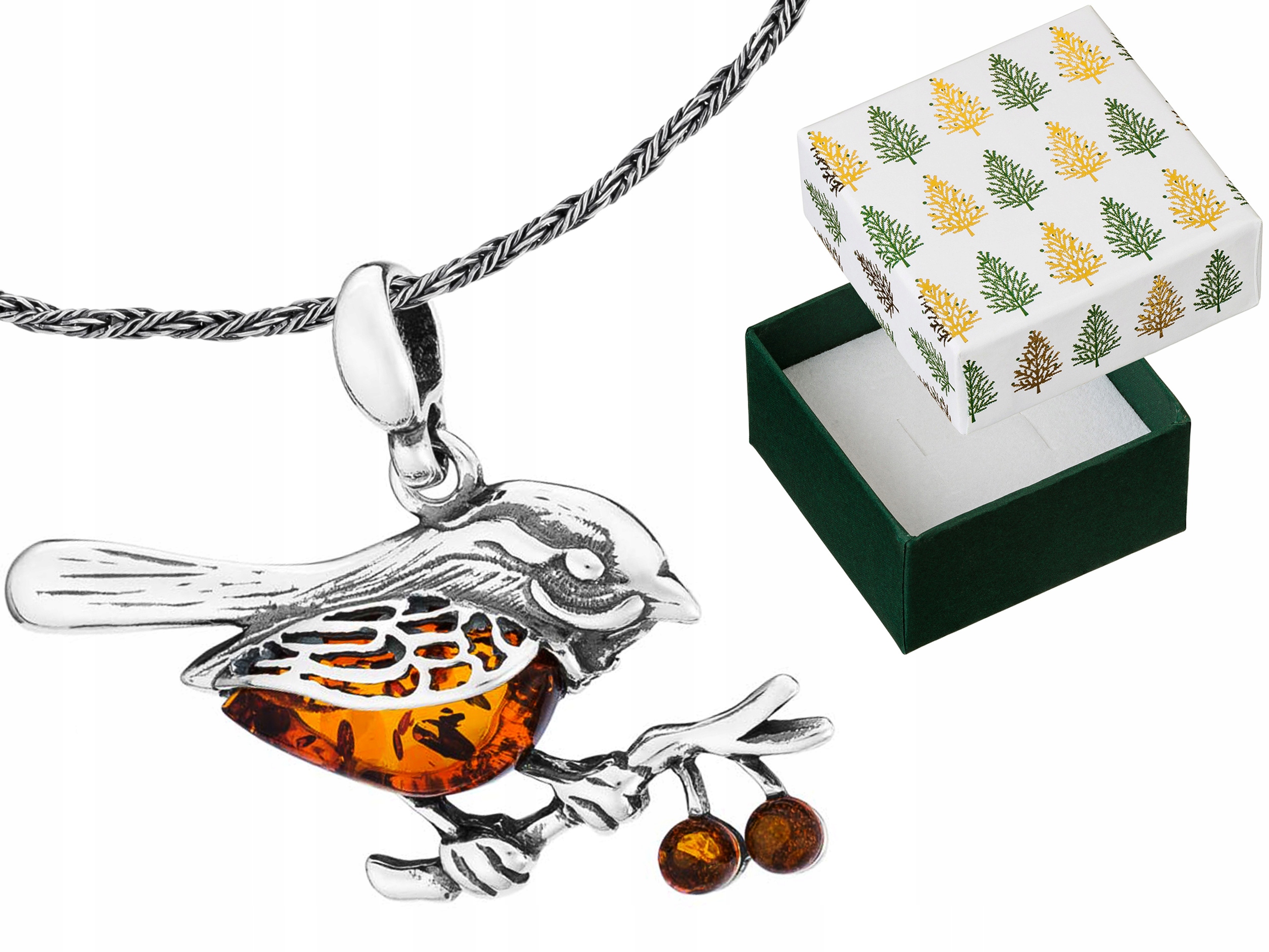 Stříbrný náhrdelník Vrabec Přívěsek s jantarem Přívěsek Pták Řetízek 35