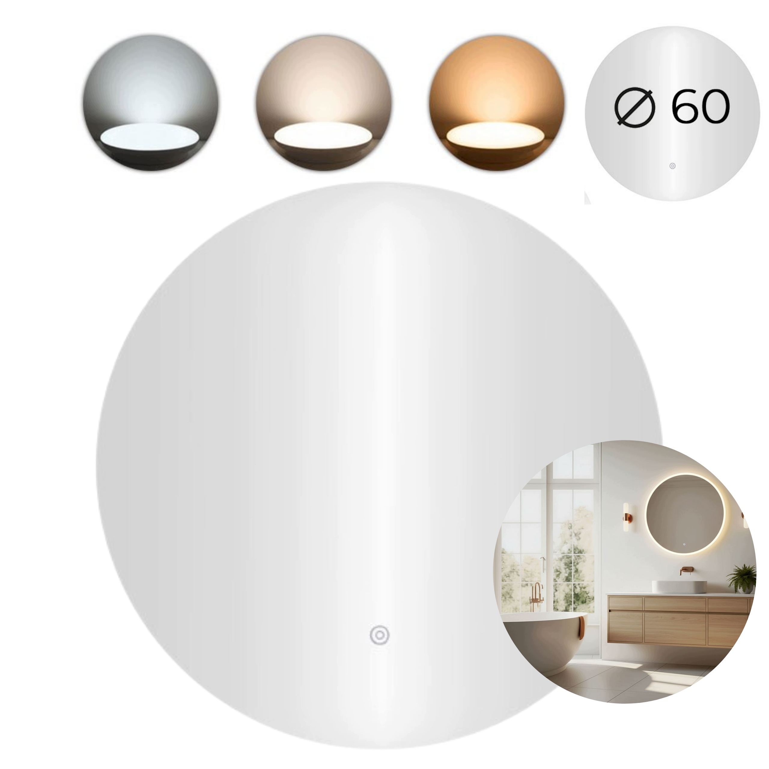 Lustro Okrągłe Led 60 Cm 3 Barwy Włącznik Dotykowy Ścienne Łazienkowe