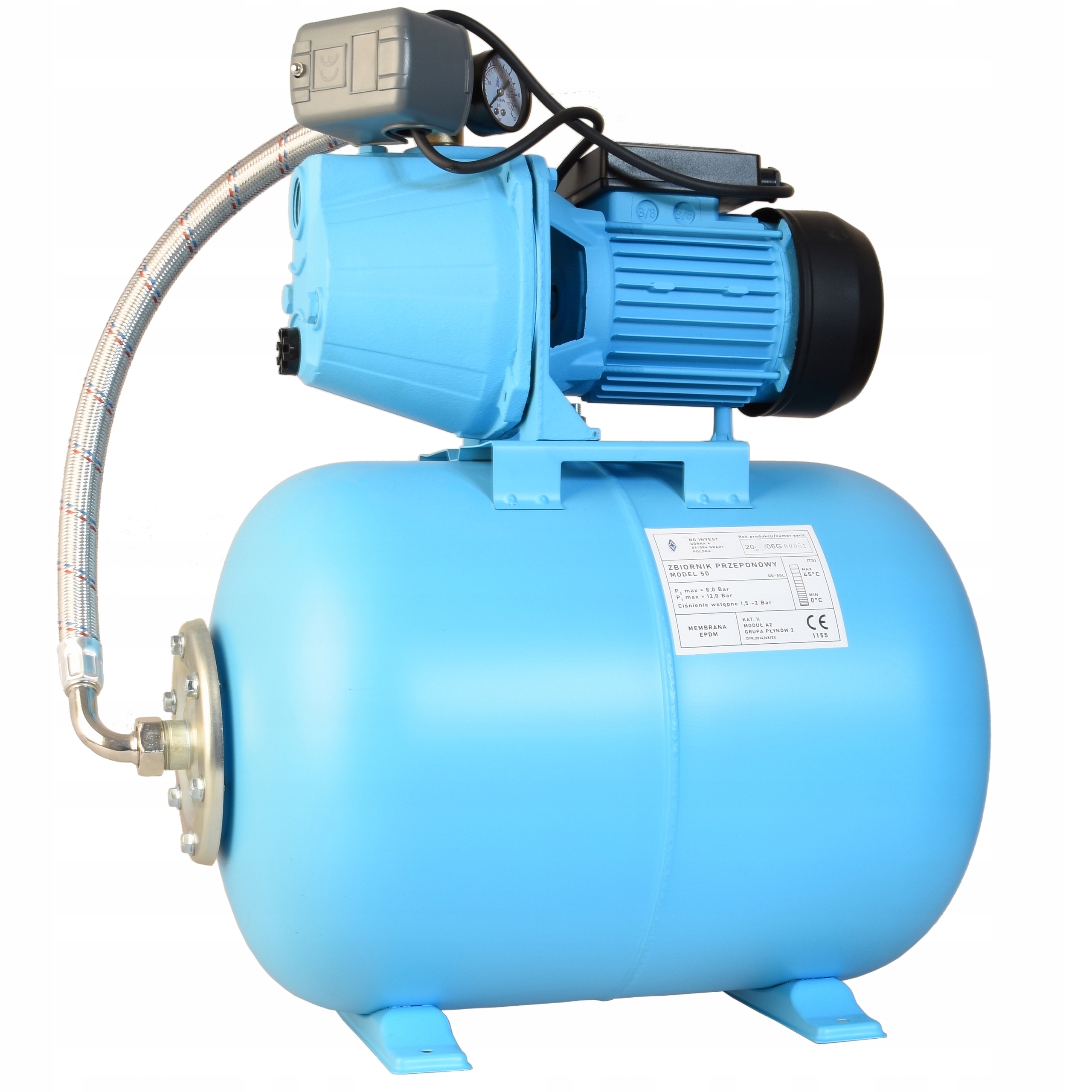 Hydroforový Set Výkonný Hydrofor 50 L Čerpadlo 1100 W 3600 L/h Príslušenstvo Hadica