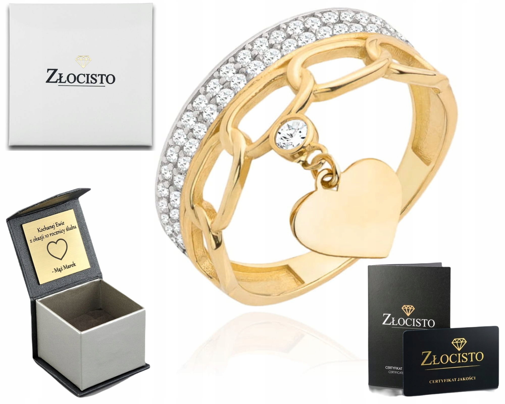 Zlatý Prstýnek S Visícím Srdce A Zirkony Ryzost 585 Dárek Gravírování