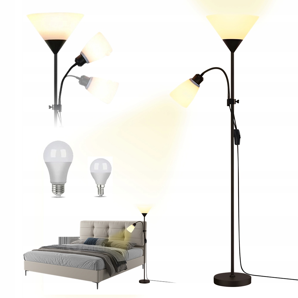 Stojací lampa na čtení, dvojitá regulace, černá