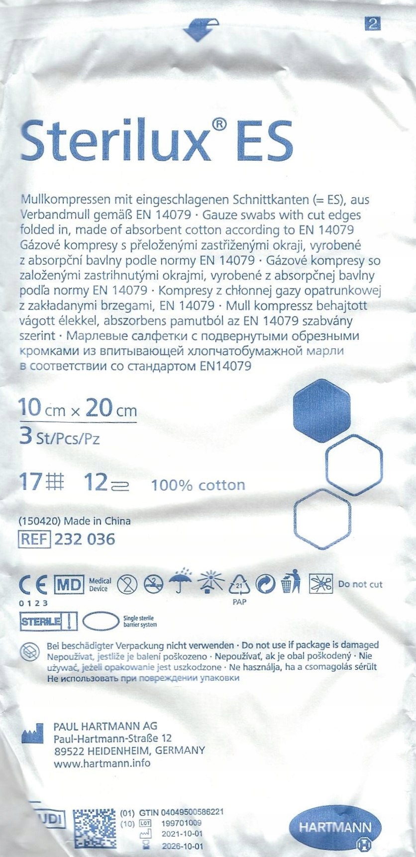 

Hartmann Sterilux Es 10 x 20cm 3szt jałowe 17n 12w
