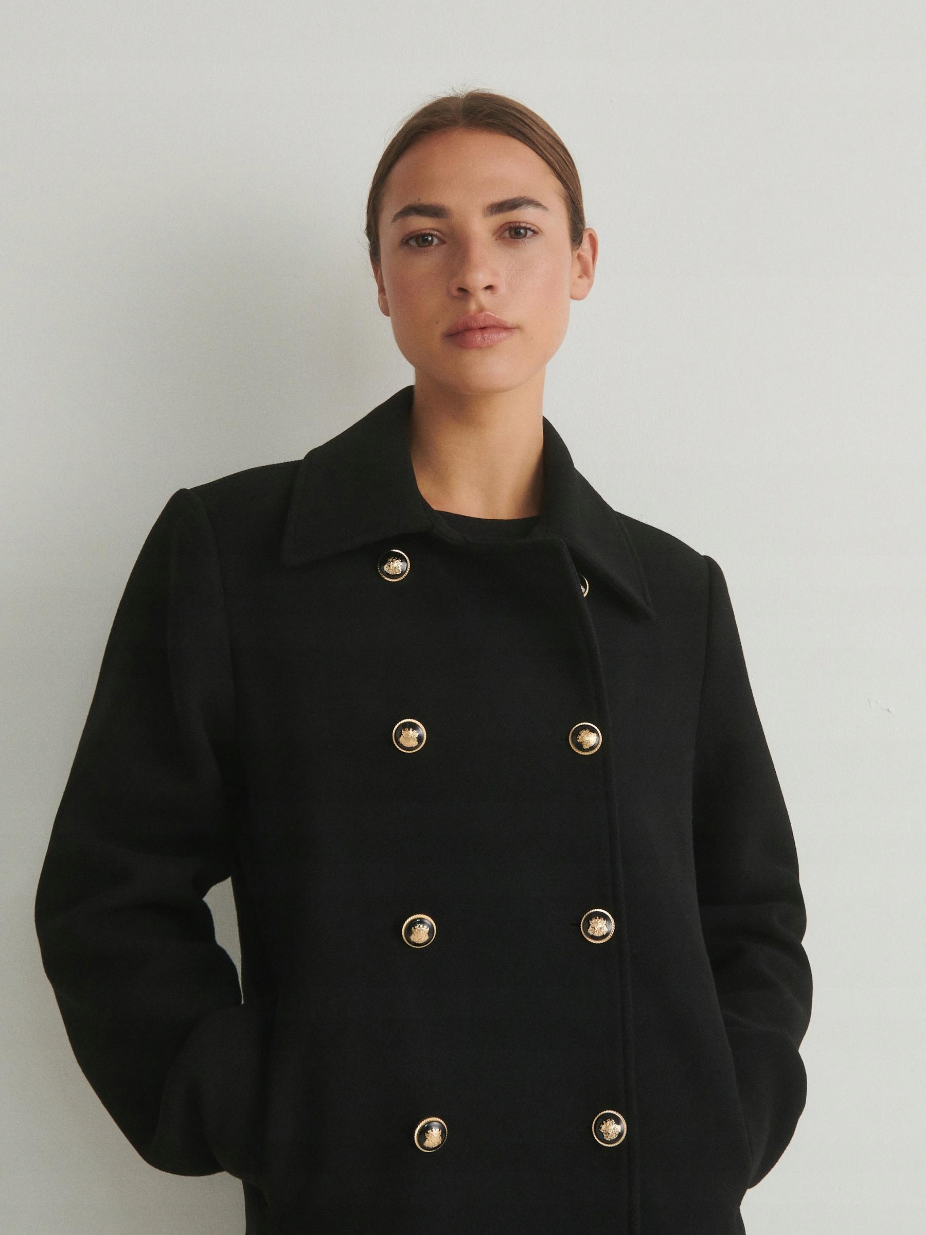 CZARNY DWURZĘDOWY PŁASZCZ PRZEJŚCIOWY OZDOBNE GUZIKI Z DODATKIEM WEŁNY M Kaptur bez kaptura