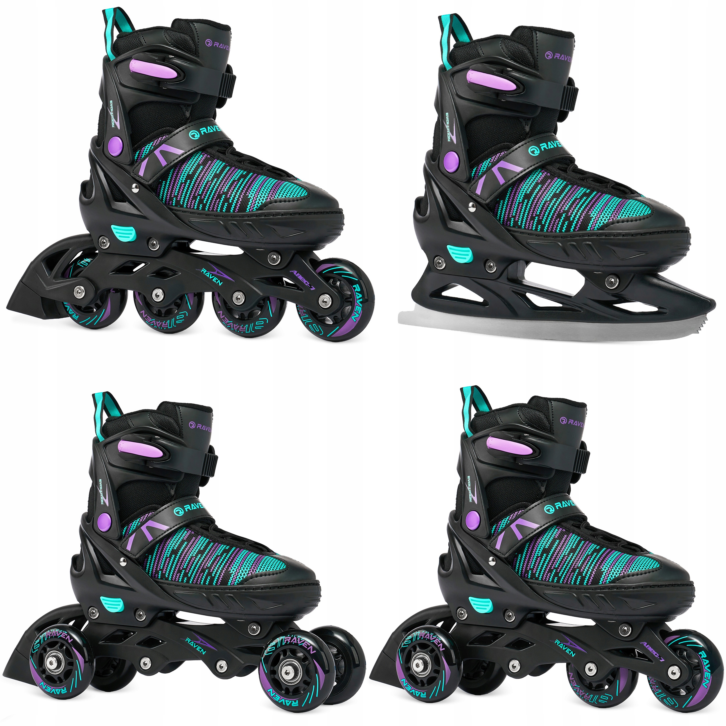 Rolki Wrotki Łyżwy 4w1 Regulowane Raven Cande Black/Violet/Mint 31-35