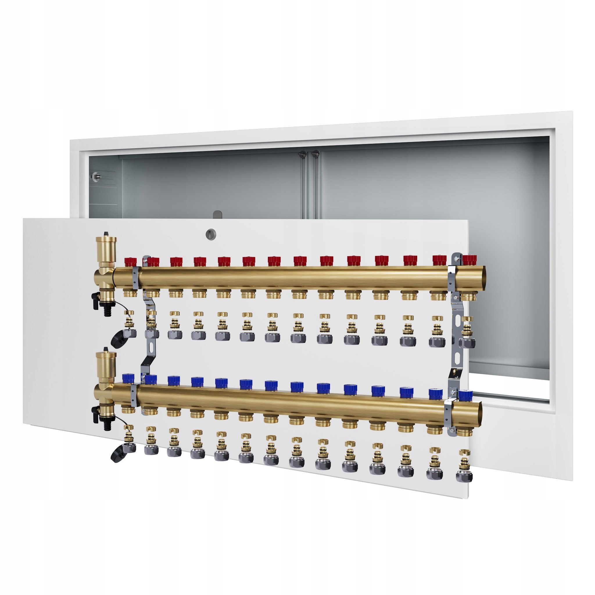Manuální rozdělovač pro 14 radiátorových topení podomítková skříňka+Pex