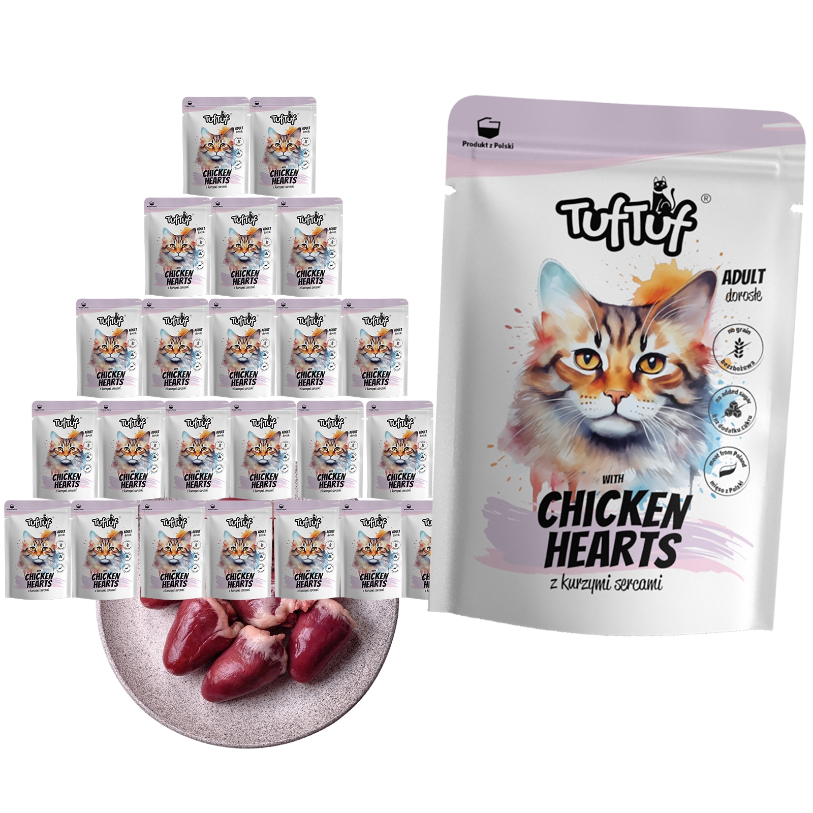 Levně Mokré Krmivo Pro Kočky TufTuf Kapsička mletý s kuřecími srdíčky 24x300 g