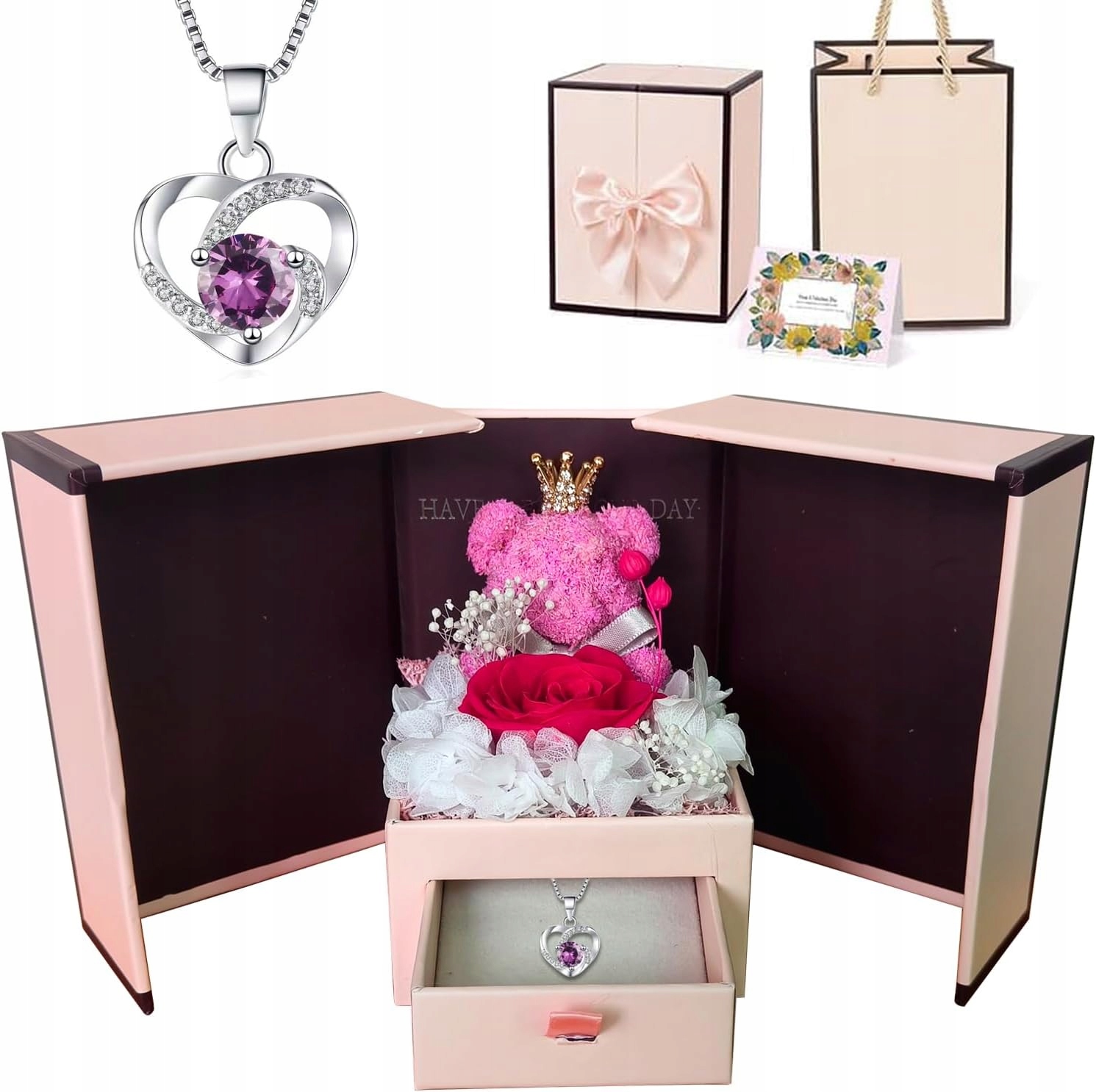 Stabilizovaná Růže s náhrdelníkem Miluji tě Krabička