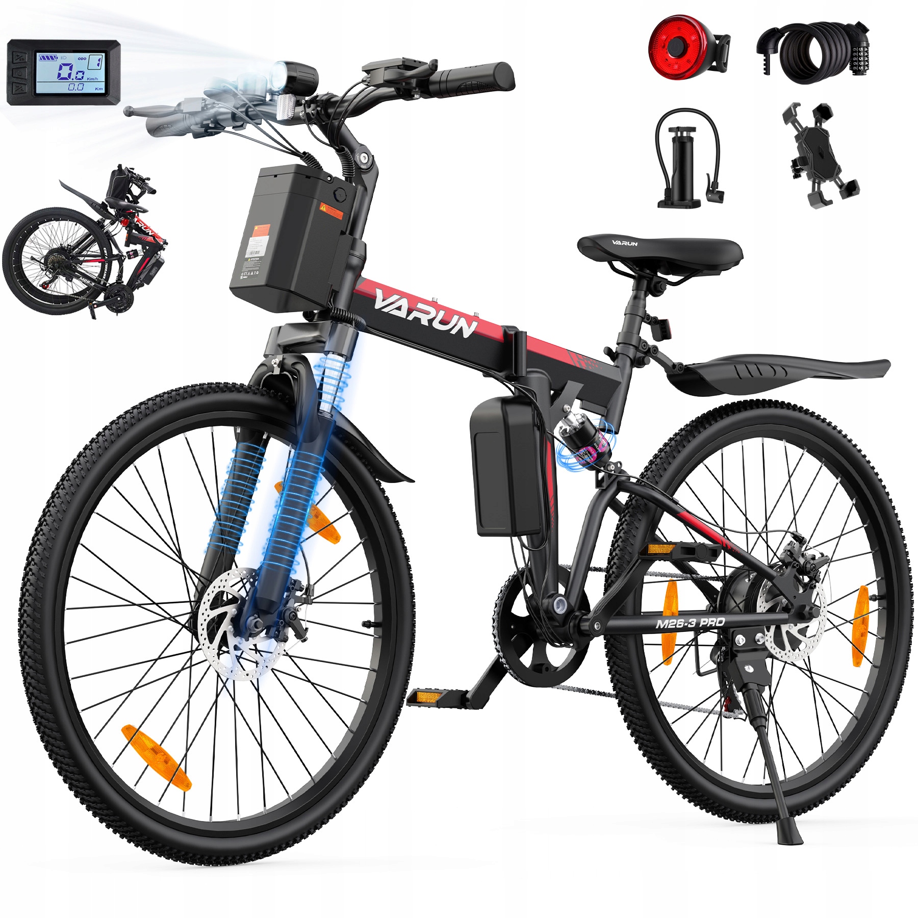 Górski Rower elektryczny składany 26" Varun 250W 80km 25km/h 55Nm 7-biegowy