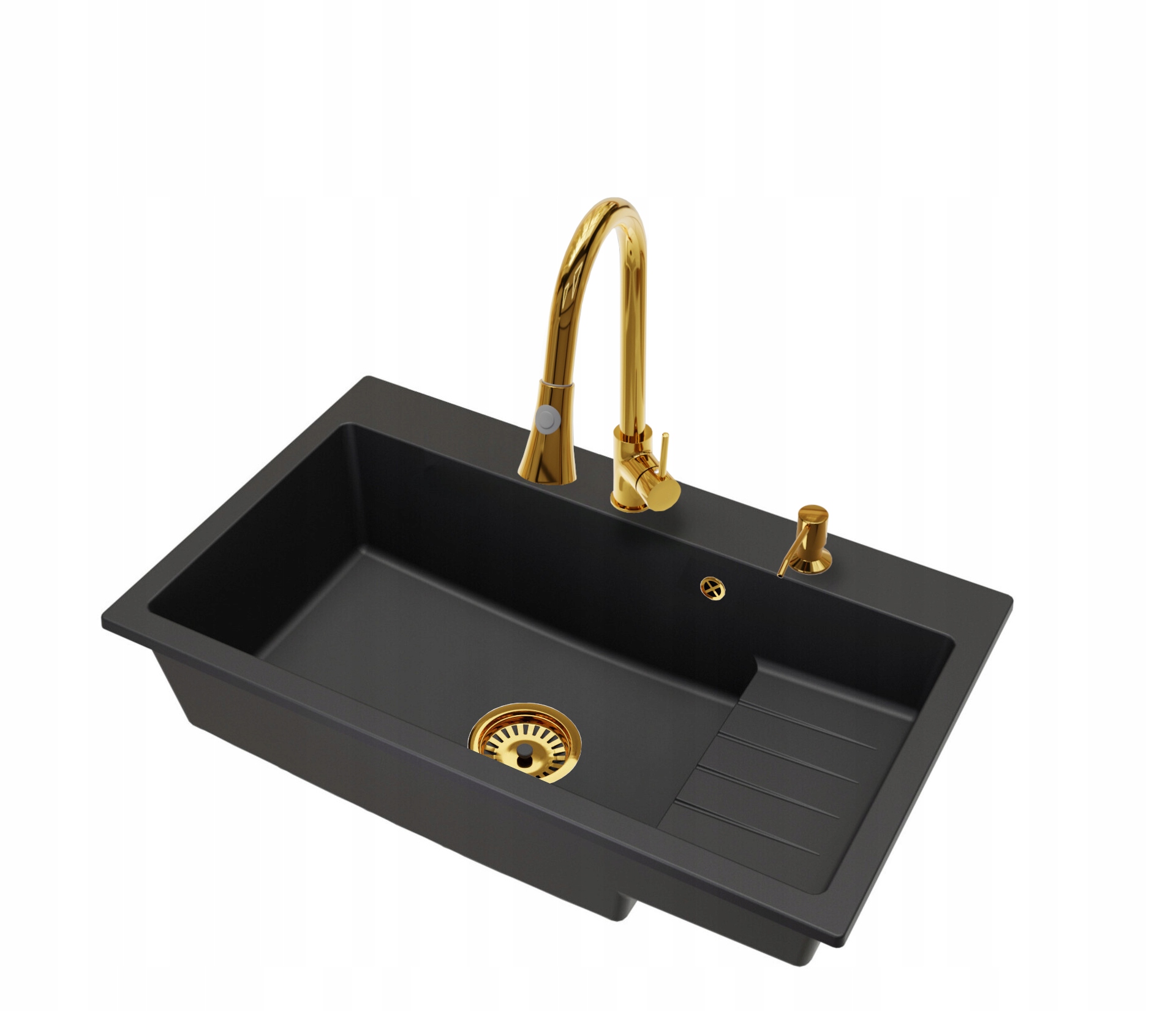 Kuchyňský dřez Jednokomorový Aron Sifon Baterie Taru Zlato Dávkovač