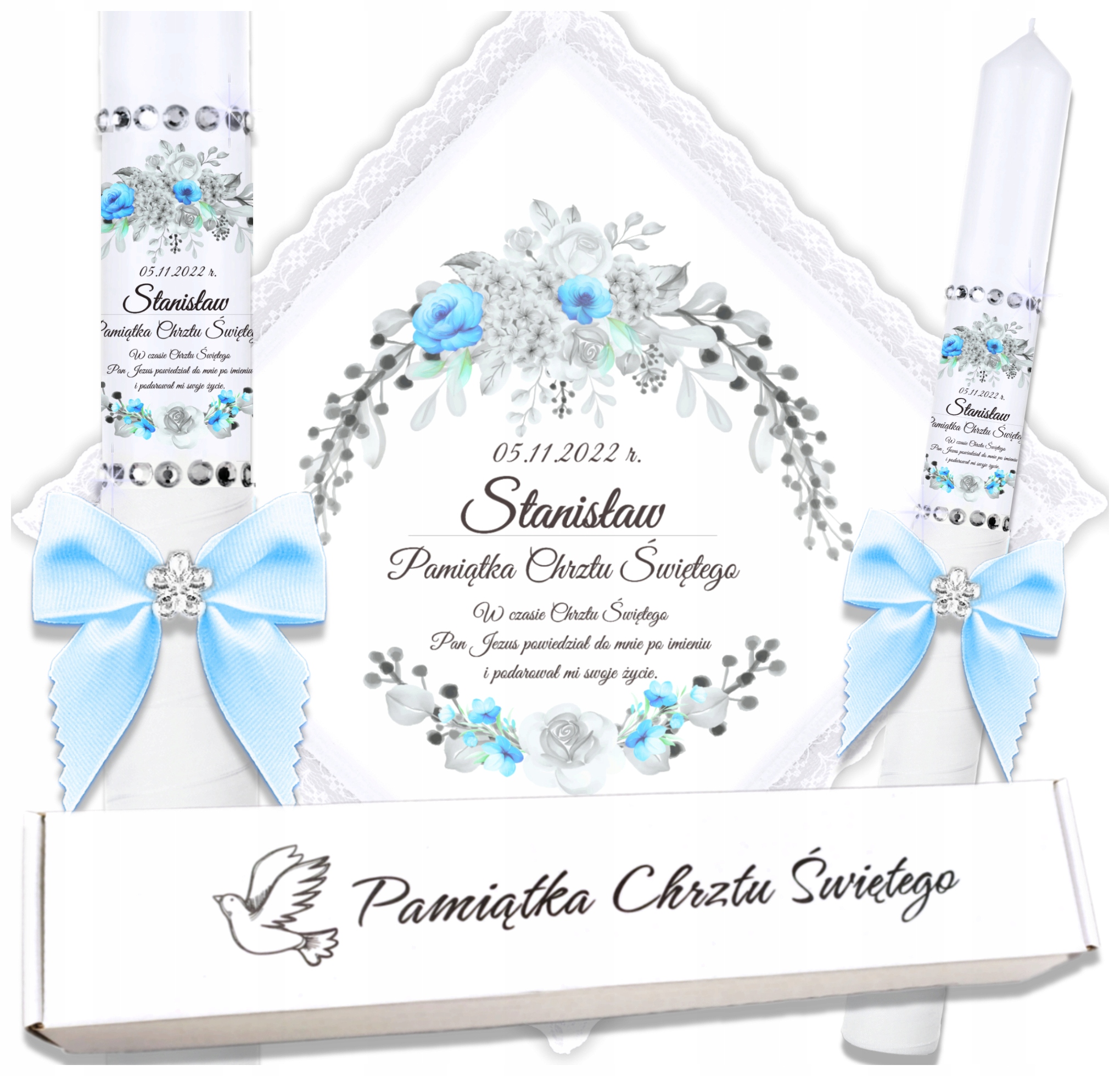 Biała szatka i świeca do chrztu ECO imię i data BOHO gromnica pudełko ZL