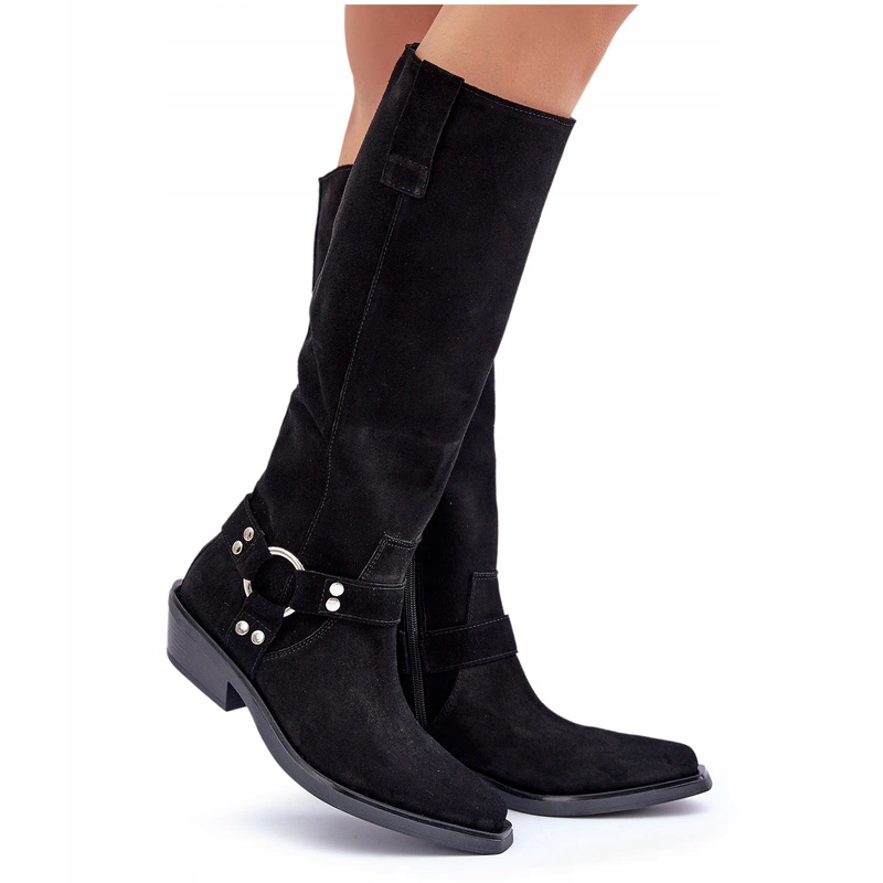 Kozačky Kovbojské Boty Semišové Nízký Podpatek Ozdoba Pásky Zazoo 3656 Černé 37