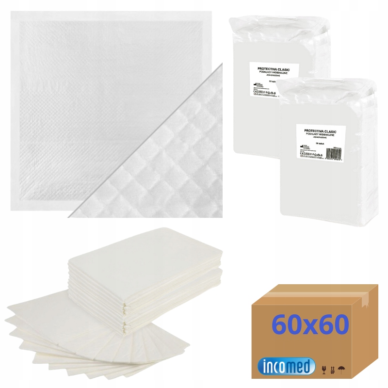 Podkłady JEDNORAZOWE mocne HIGIENICZNE maty CHŁONNE 60x60cm INCOMED 60 szt.