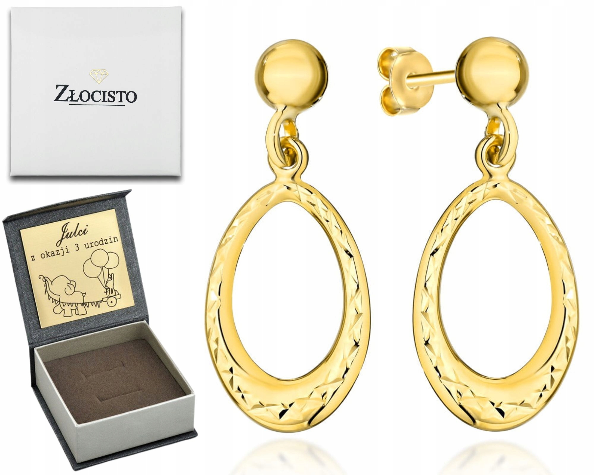 Zlaté Náušnice S Diamantovými Ovály 585 Gravírování