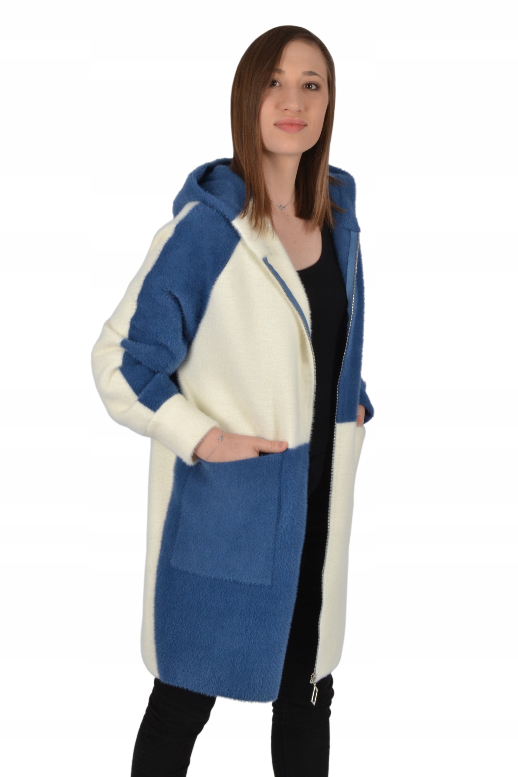 Płaszcz damski Długi Z Kapturem dwukolorowy alpaka zapięcie zamek roz. L/XL