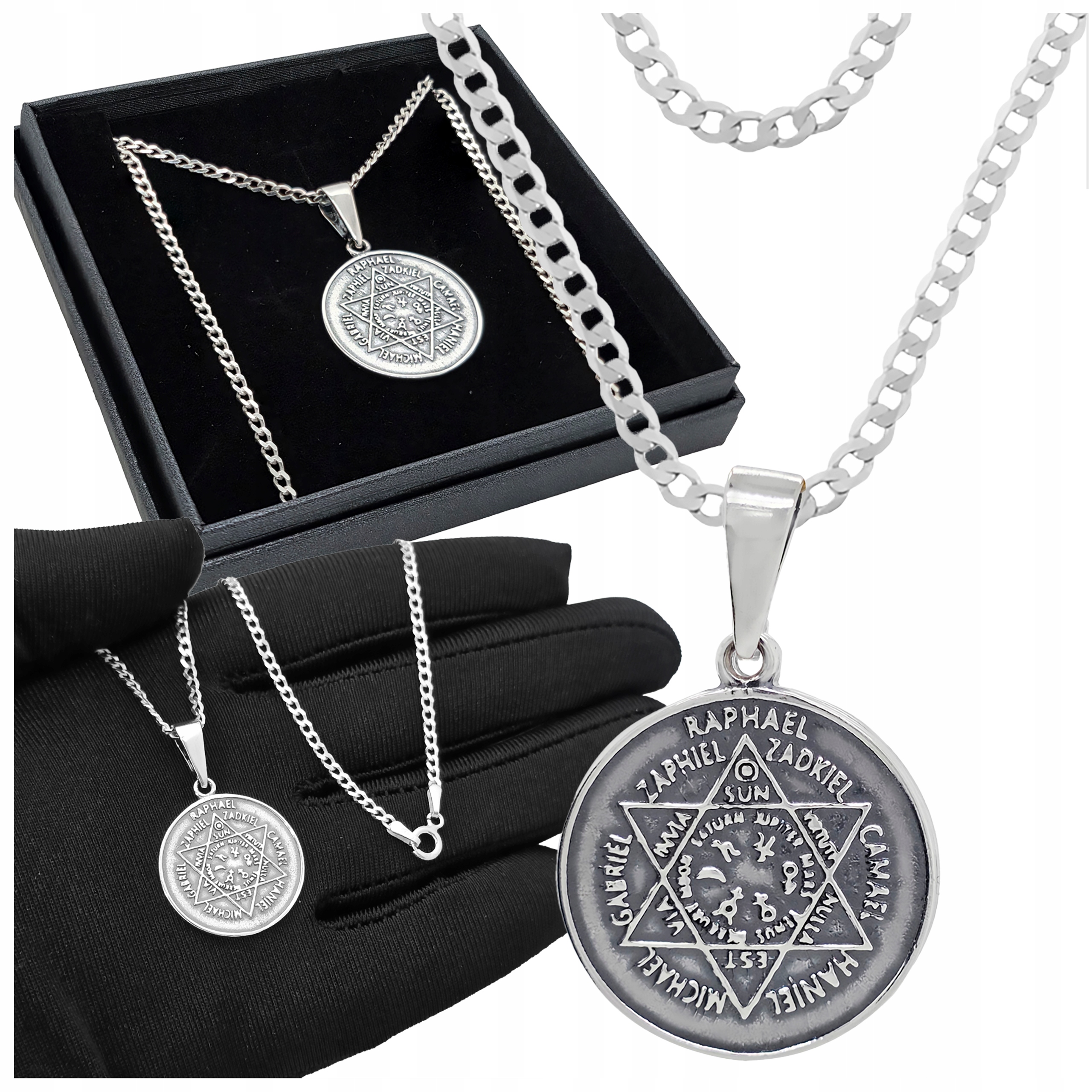 Náhrdelník stříbro 925 Medailon Sedm archandělů Talisman Náboženství 60 cm