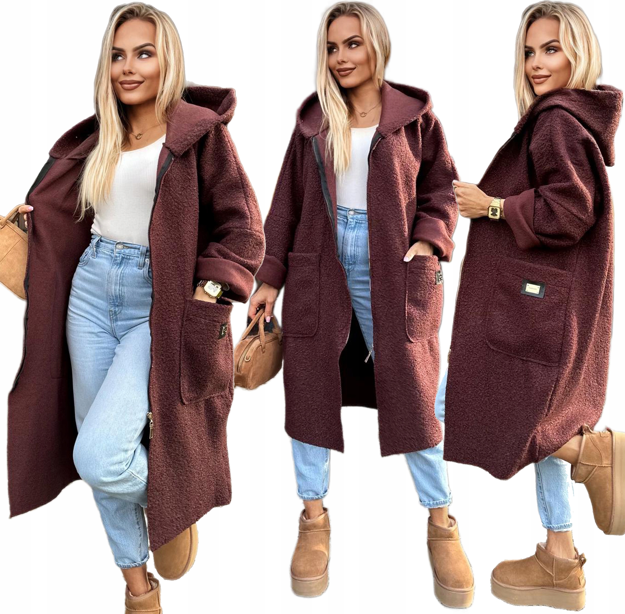 Dlouhý měkoučký Dámský Kabát na zip s kapucí boucle Gerda