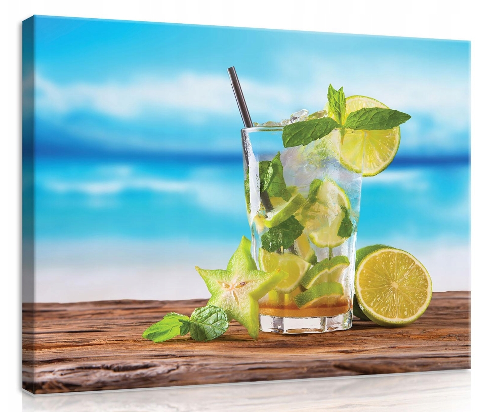 Obraz 80x60 Letní koktejl osvěžující nápoj limetka máta pláž moře
