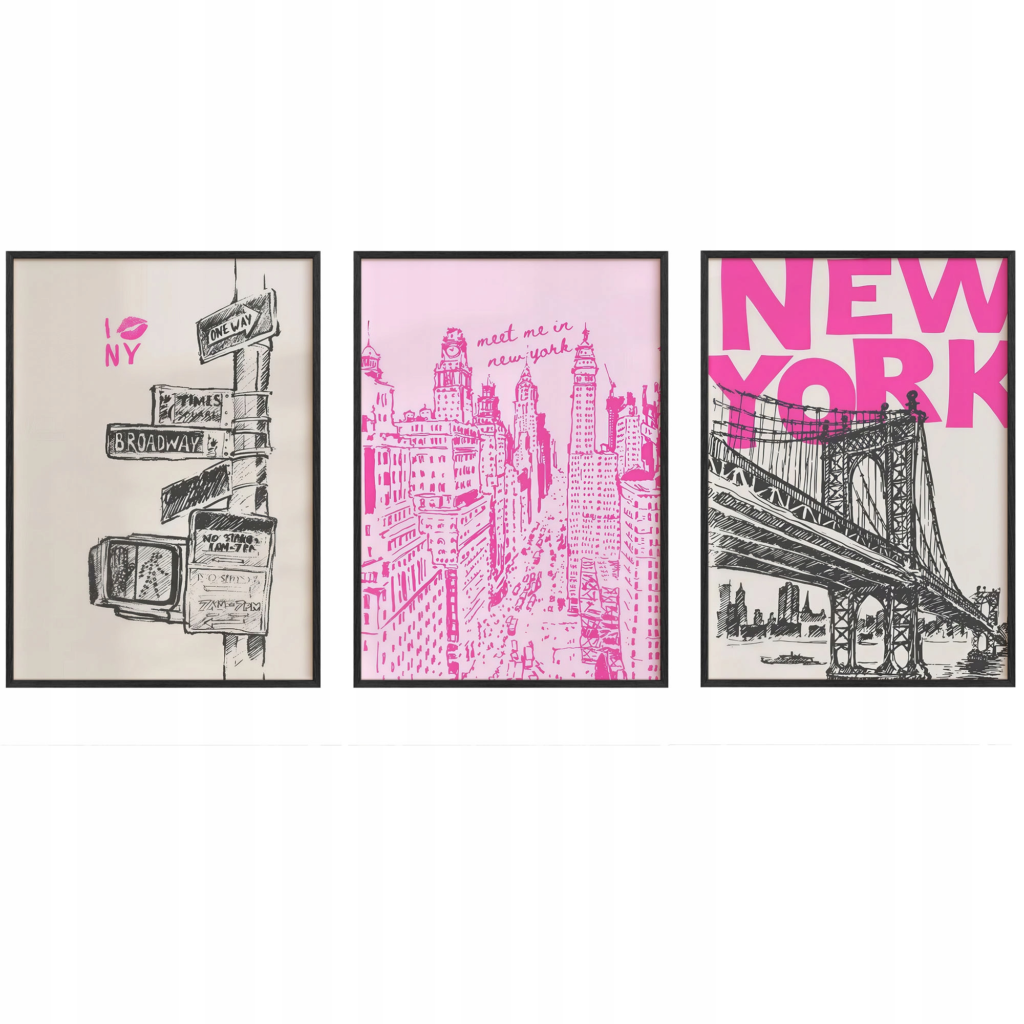 Obrazy New York Pink Art Street Plakáty Rámečky Dřevěné Černé 3ks 30x42cm