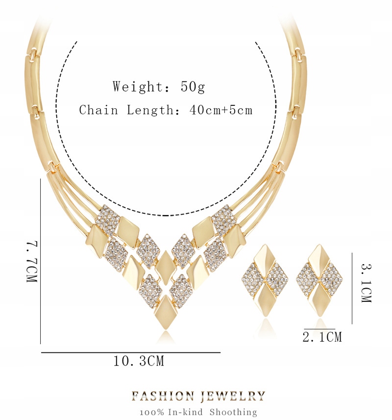 Zestaw Kolczyki Naszyjnik Romby Złoty Cyrkonie Materiał Inny