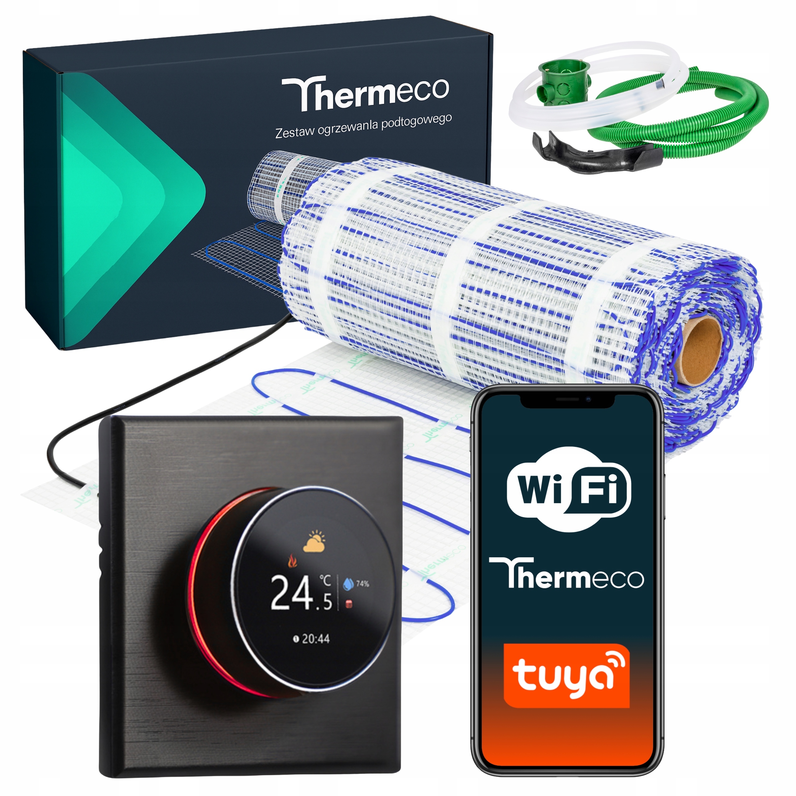 Mata grzewcza grzejna pod płytki termostat WiFi zestaw Thermeco H20 12m²