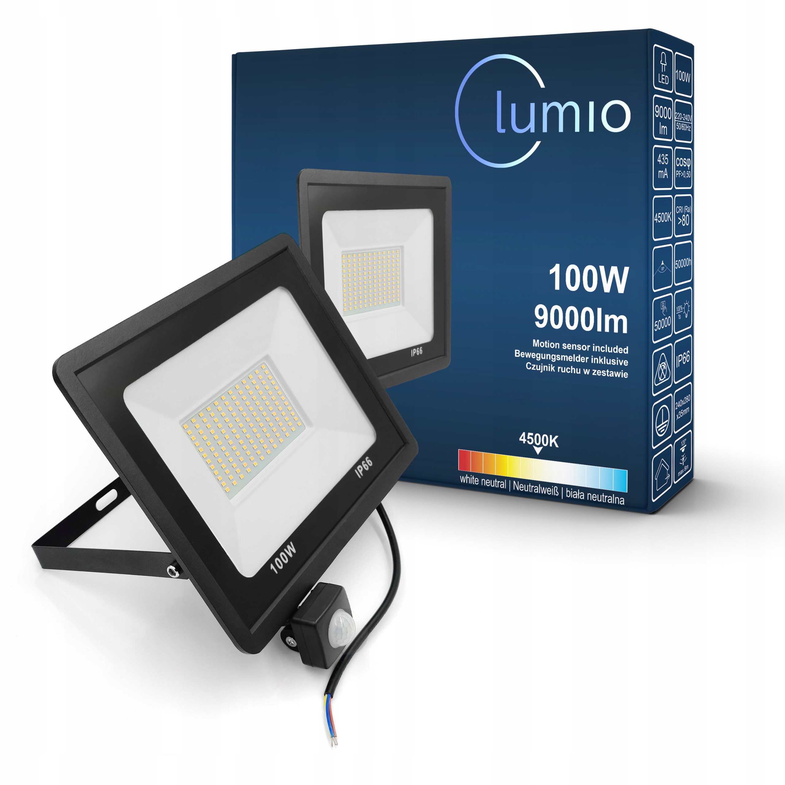 Naświetlacz Lumio 100W z czujnikiem ruchu 9000 lm IP66 4500 K