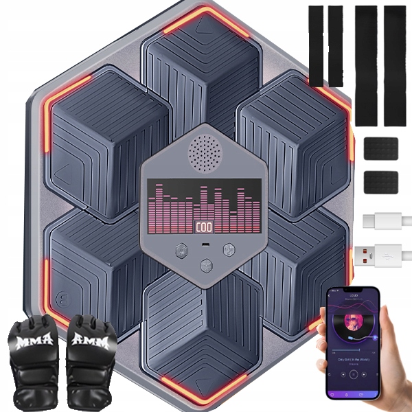 Hudební boxerský terč s Rgb osvětlením a Bluetooth, včetně držáku na zeď a boxerských rukavic pro domácí použití