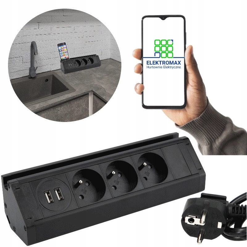 Nábytek 3x2P+Z, USBx2, držák, délka 1,5 m, černá barva