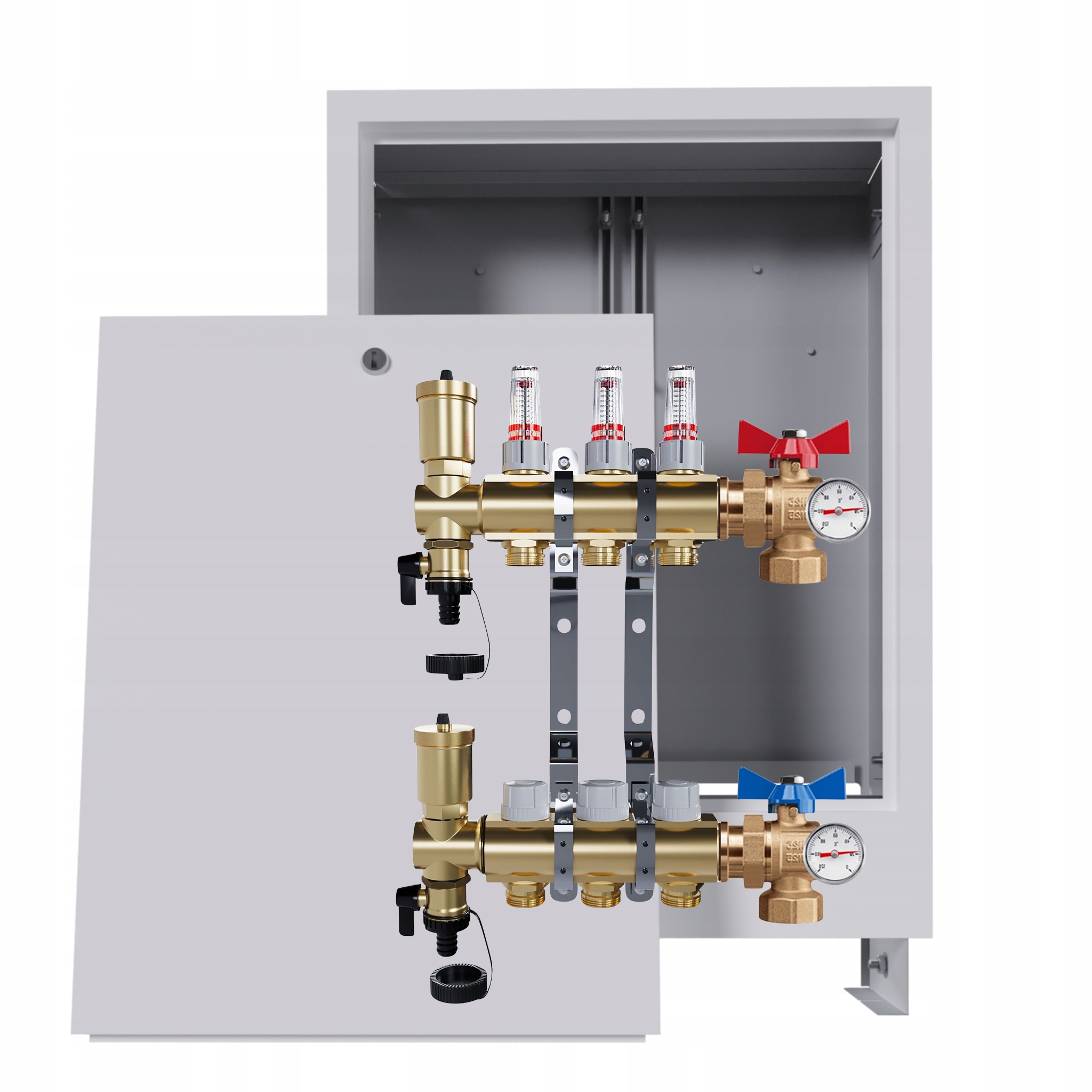 Rozdělovač Pro Podlahovou Krytinu, 3 Okruhy Kulový Ventil Teploměr, Krabička