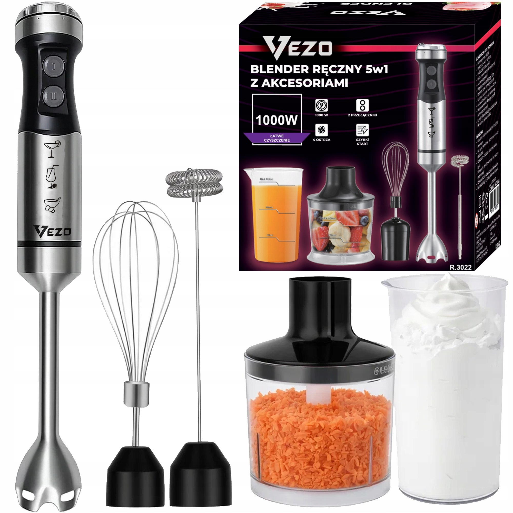 Vezo Blender Ręczny Wielofunkcyjny Mikser 1000W Rozdrabniacz Zestaw 5w1