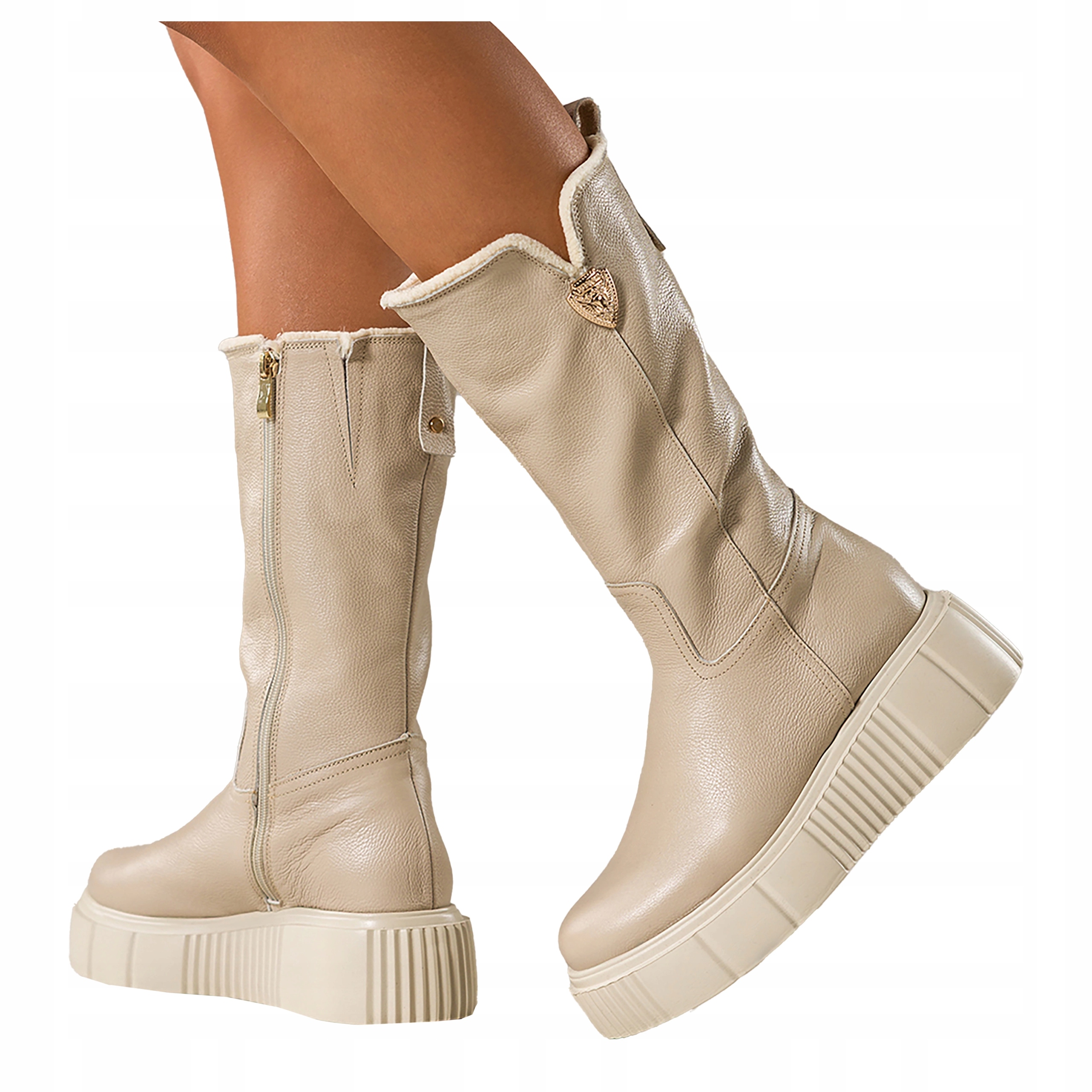 Béžové Kozačky Dámské Kožené Před Koleno Pohodlné Na Platformě r 38