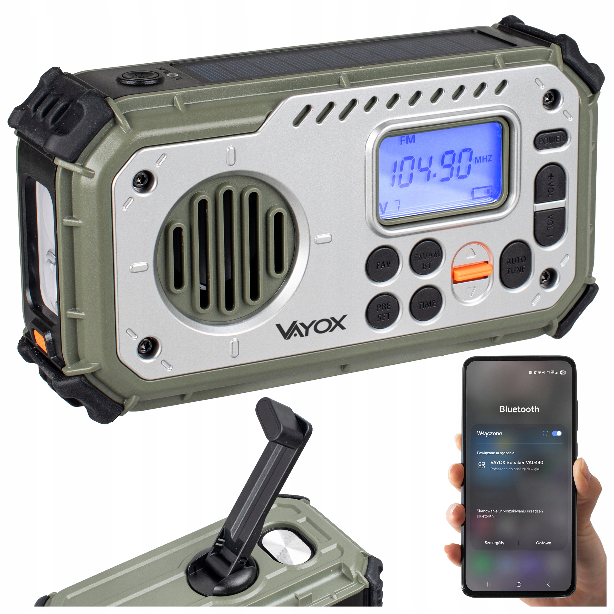 Radio Przenośne Na Baterie Aku Solar Dynamo Korbke Głośnik Bluetooth Vayox