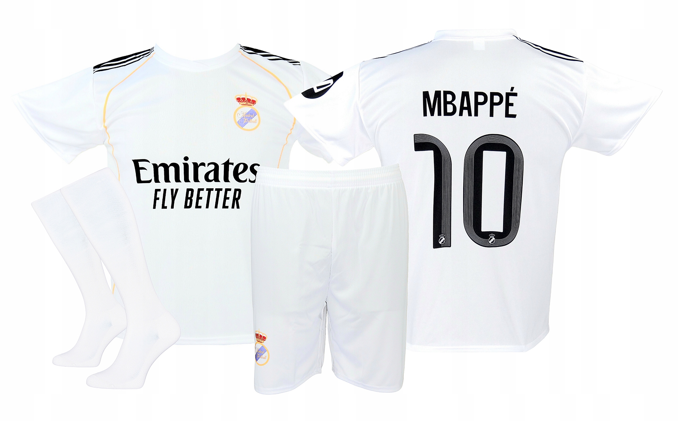 Mbappe strój piłkarski sportowy koszulka spodenki getry Biały roz. 146