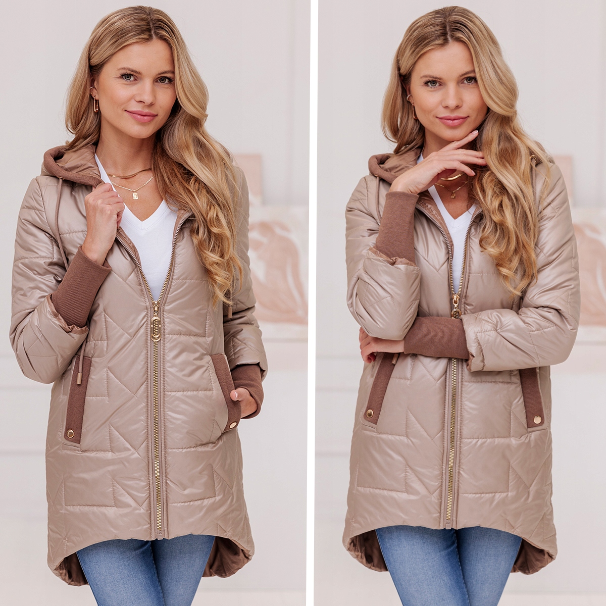 ASYMETRYCZNA PRZEJŚCIOWA JESIENNA KURTKA DAMSKA Z KAPTUREM, DŁUGA LEKKA S Długość do połowy uda