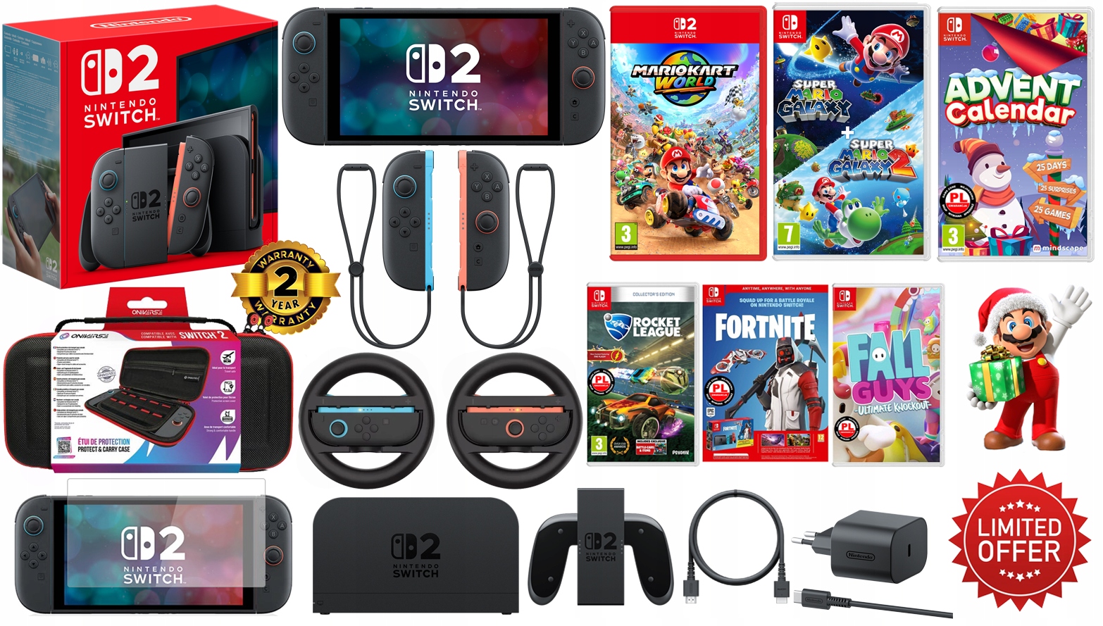 Nintendo SWITCH 2 + 256GB + gry + etui + szkło + 2 kierownice + 2