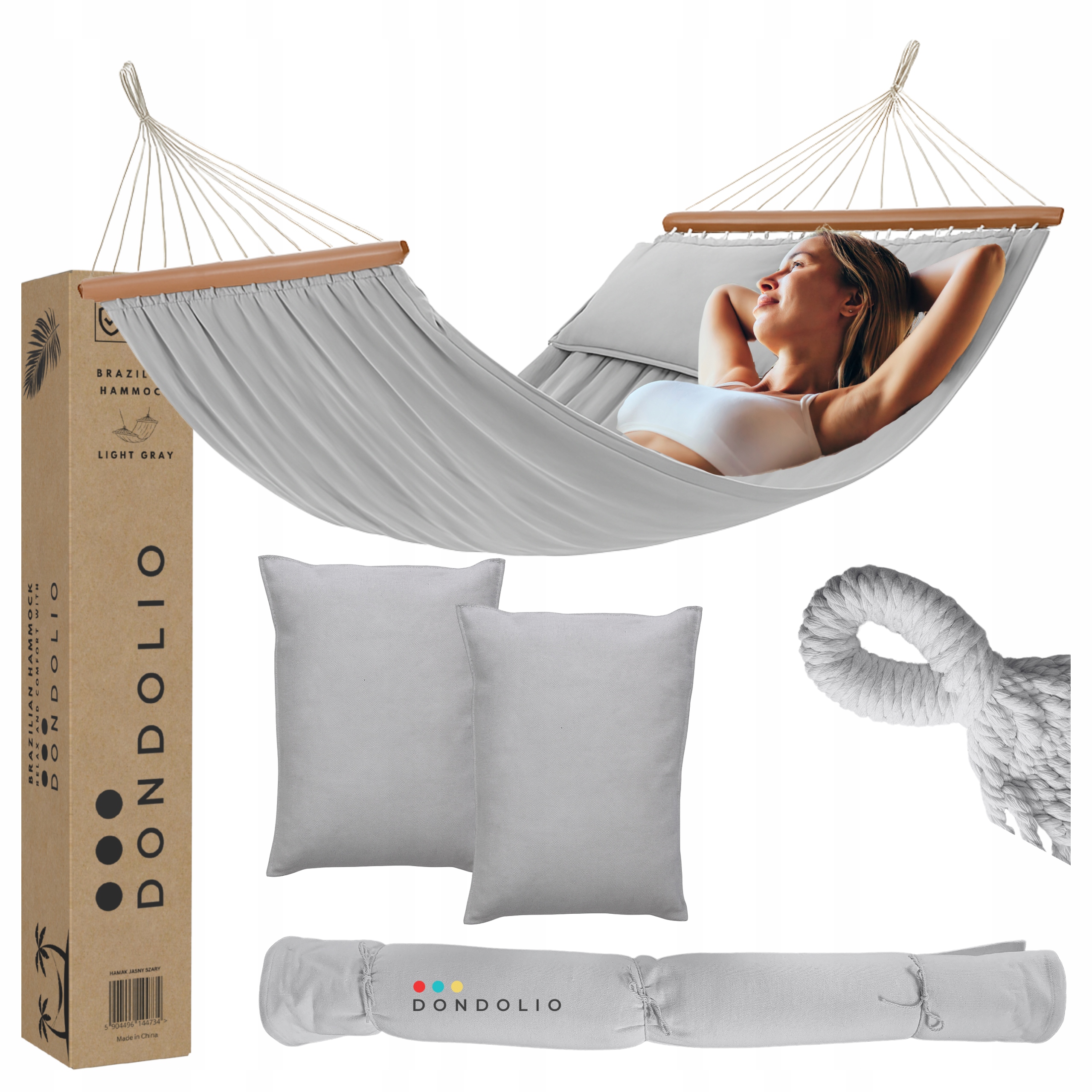 Hamak Ogrodowy Dwuosobowy 2 Poduszki Z Belkami Duży Jasny Szary Boho XXL
