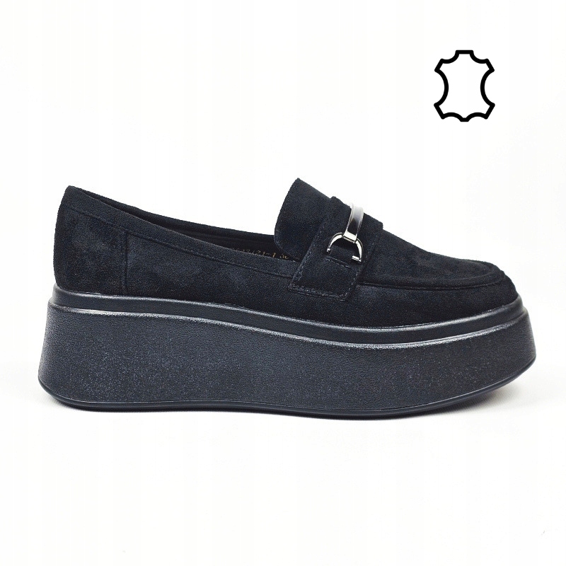 Czarne damskie półbuty mokasyny na platformie skóra zamsz loafersy