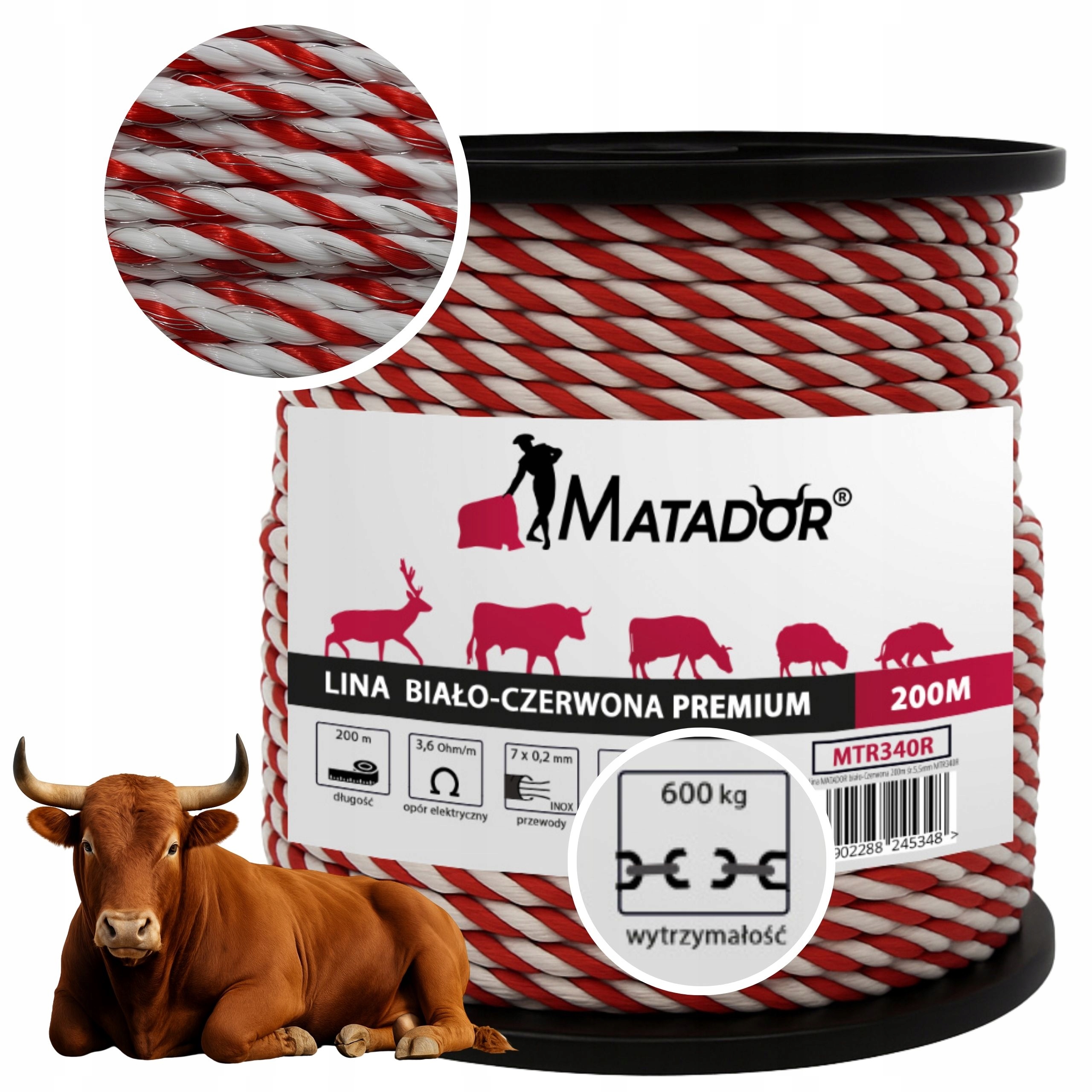 Pastuch Plecionka Splotka 5,5mm Linka 200m Elektryczna dla Krów Bydła 600kg