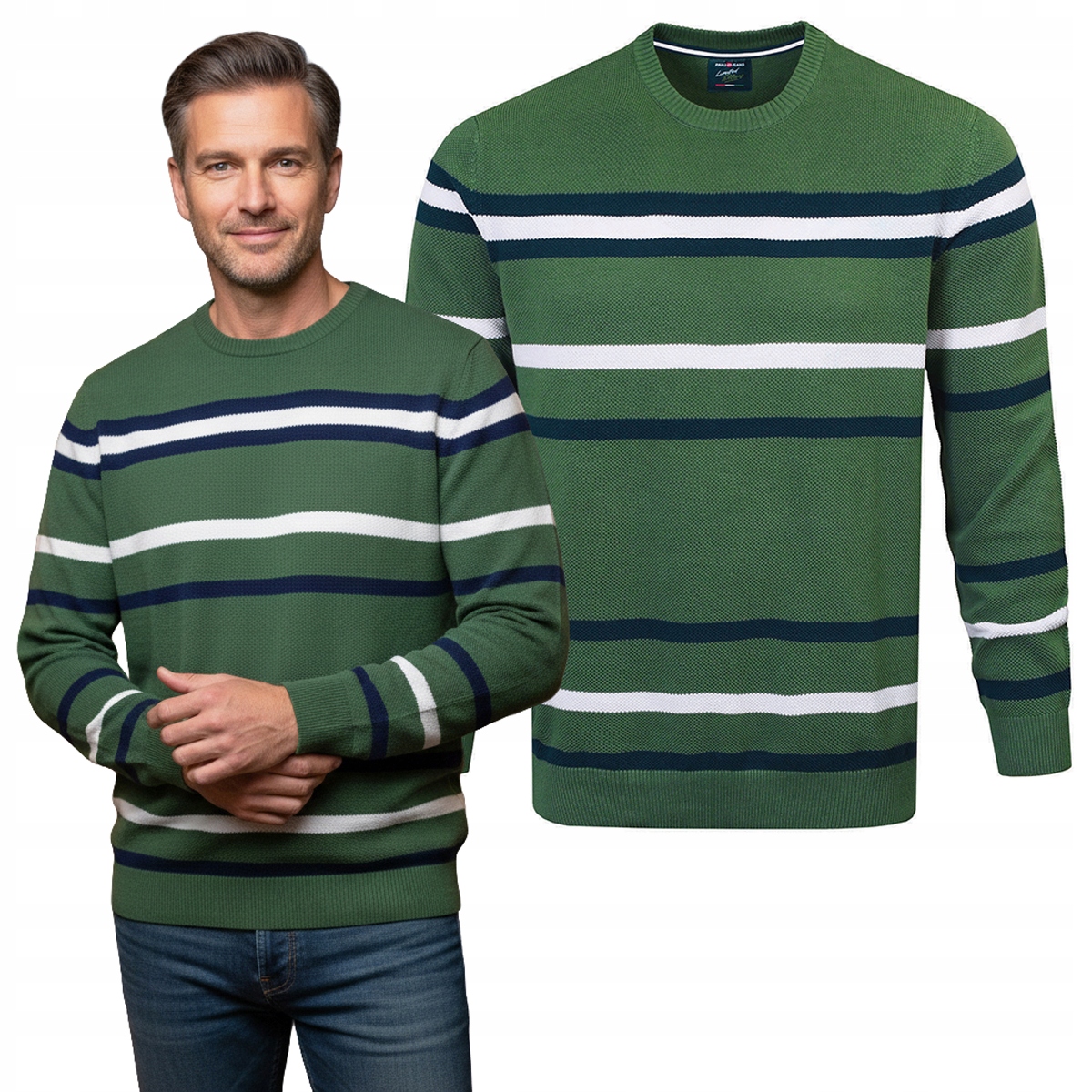 Elegantní pánský Svetr Zelený s Pruhy Klasický Bavlněný L Pako Jeans