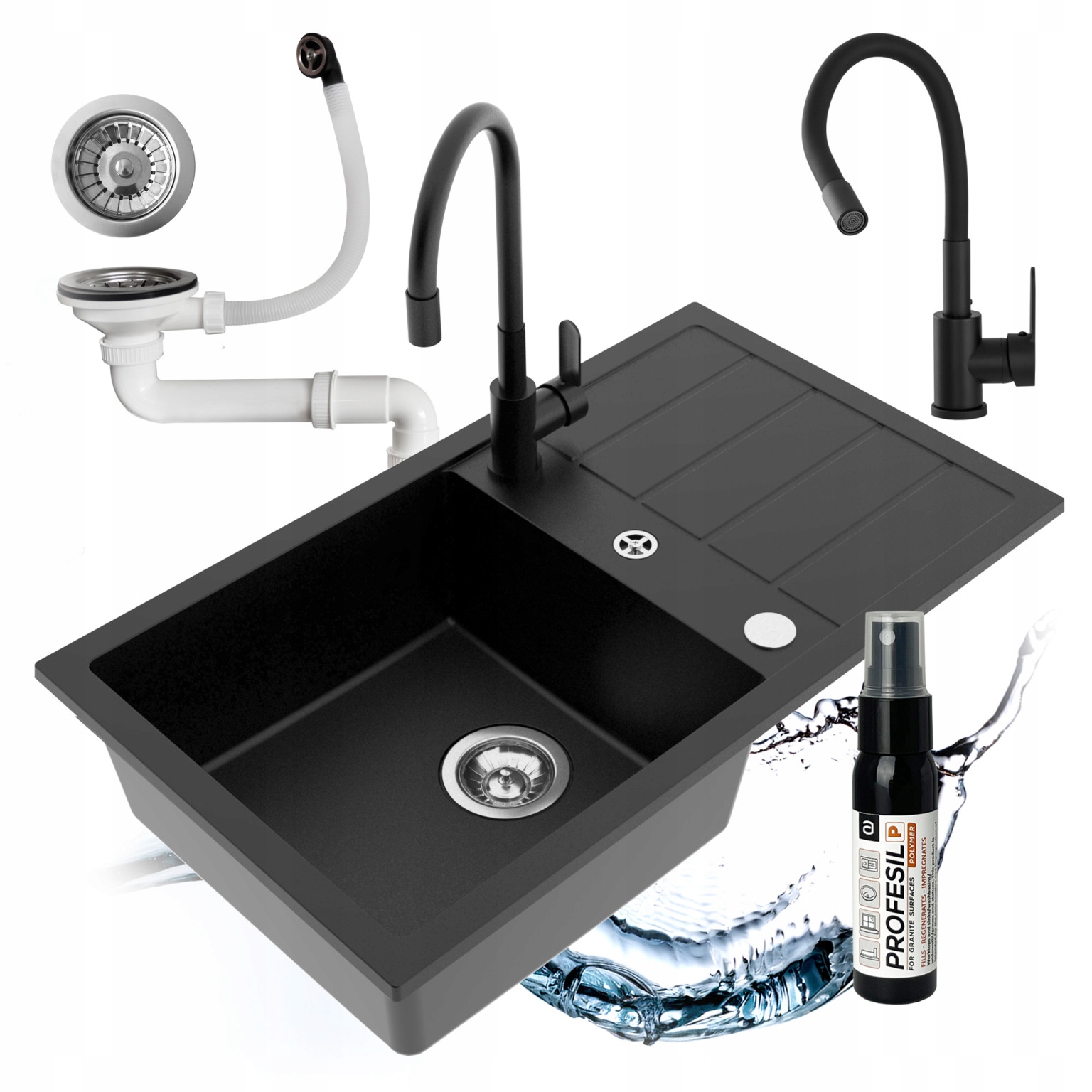 Drezový Kuchynský Drez Granitový Jednokomorový Batéria Flexibilný Sifón