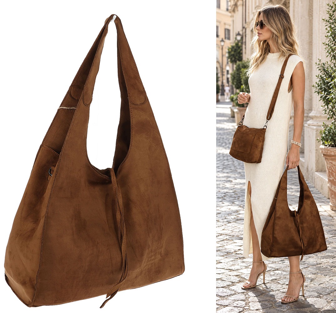 Dámská kabelka shopper semišová módní do práce taška L140 Hnědá