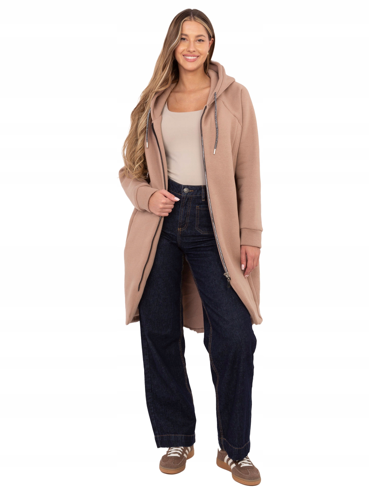 Bluza Damska Asymetryczna Długa Rozpinana z Kapturem