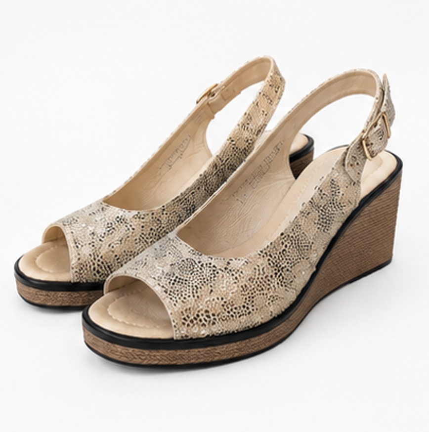 Zlaté dámské kožené sandály na podpatku Peep Toe 38