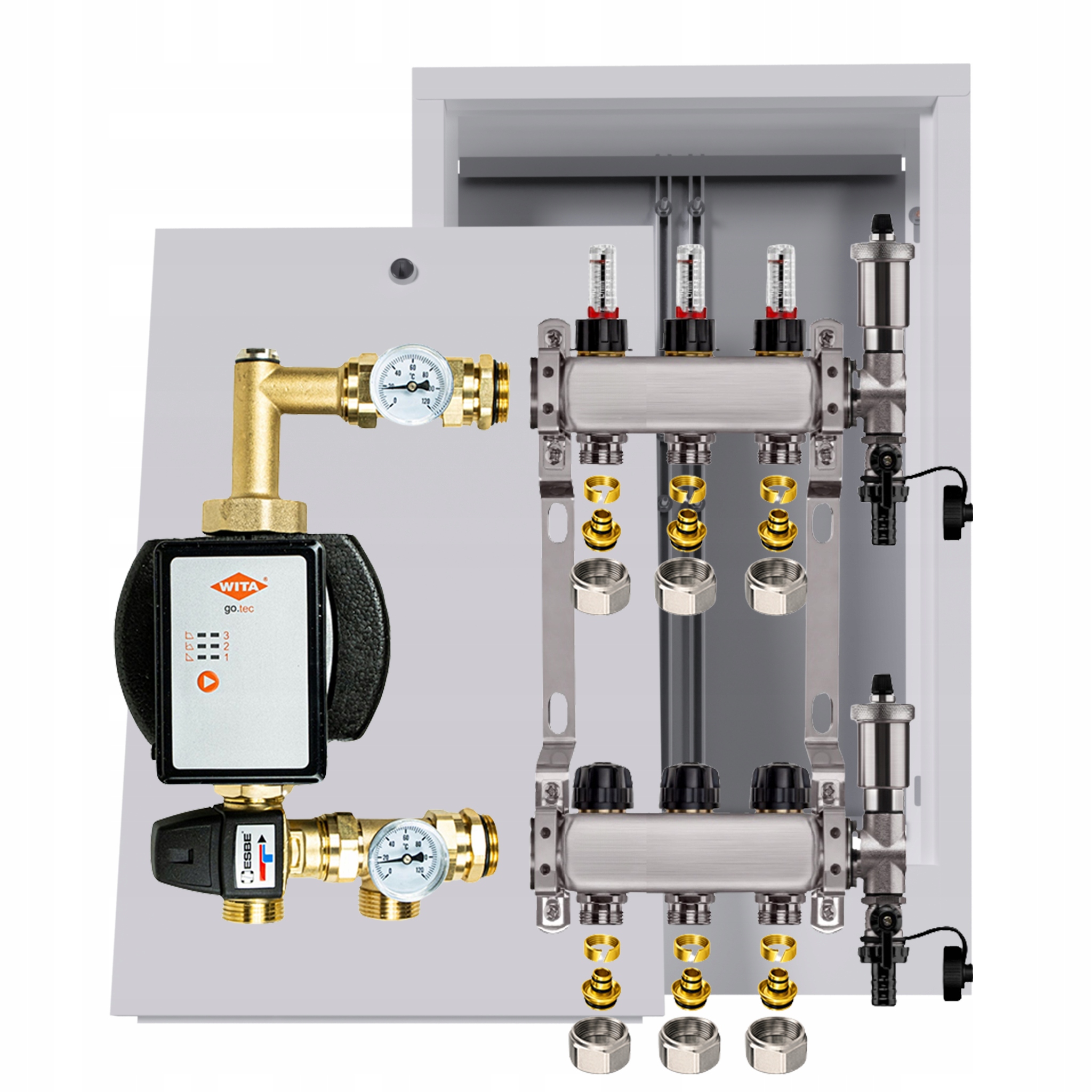 Nerezový rozdeľovač na podlahu s 3 okruhmi a čerpadlom Wita skrinka Pex