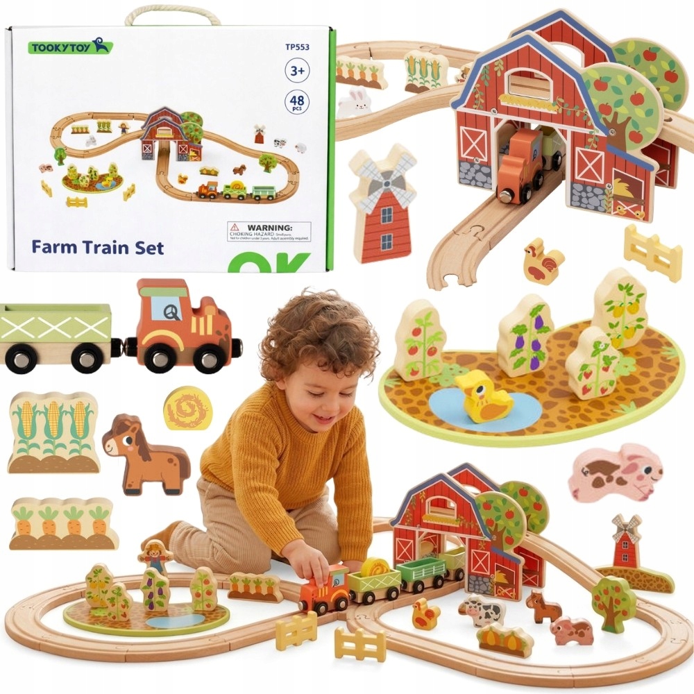 Drewniany Tor Farma Traktor Tunel Zwierzęta Akcesoria 48 el. Tooky Toy