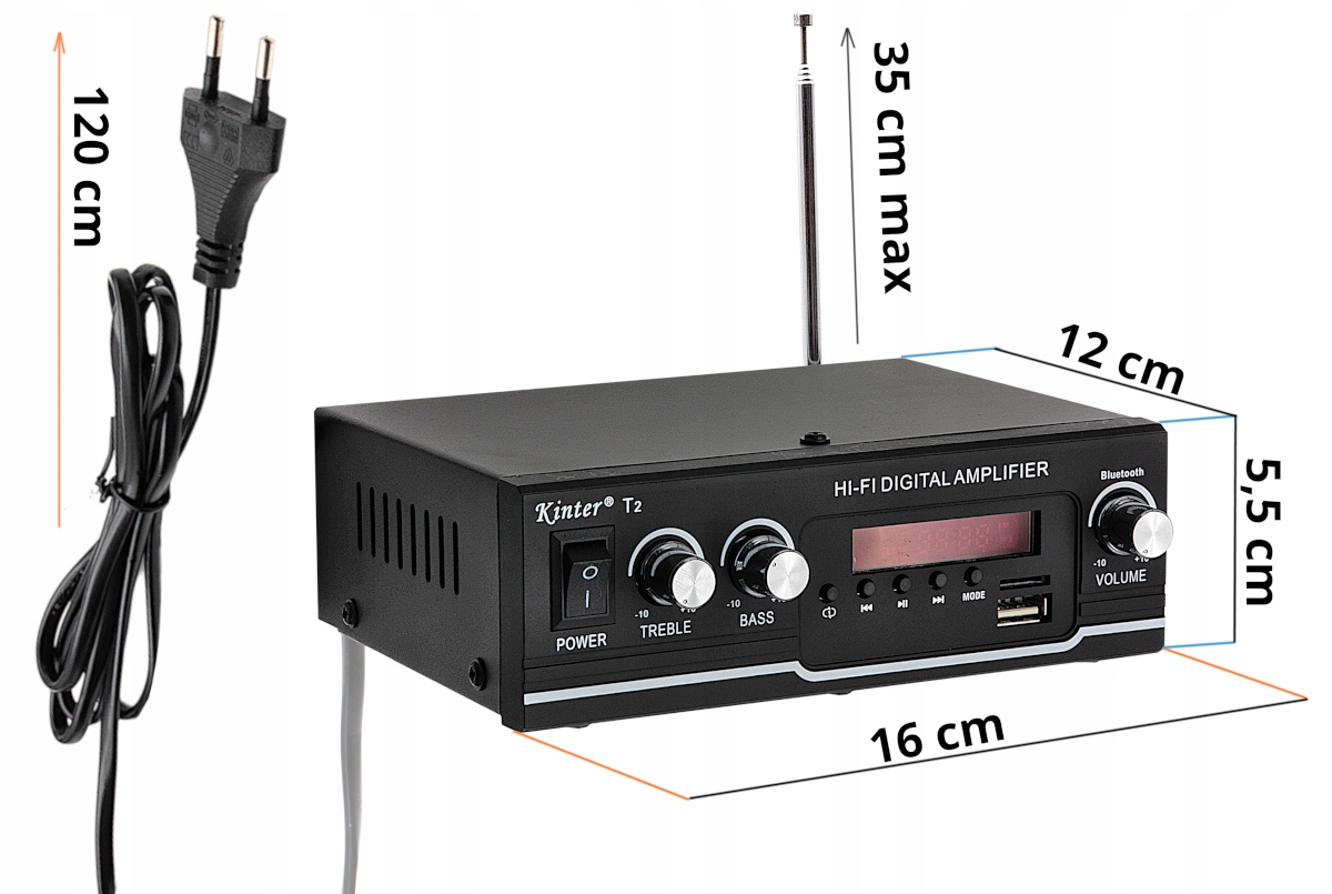 2 KANAŁOWY MOCNY WZMACNIACZ AUDIO BLUETOOTH 5.0 RADIO FM USB SD RCA PILOT Komunikacja Bluetooth