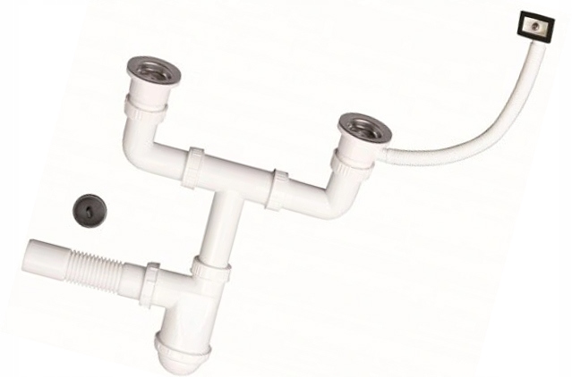 SYFON ZLEW PODWÓJNY Z PRZELEWEM PLASTIKOWE SITKO