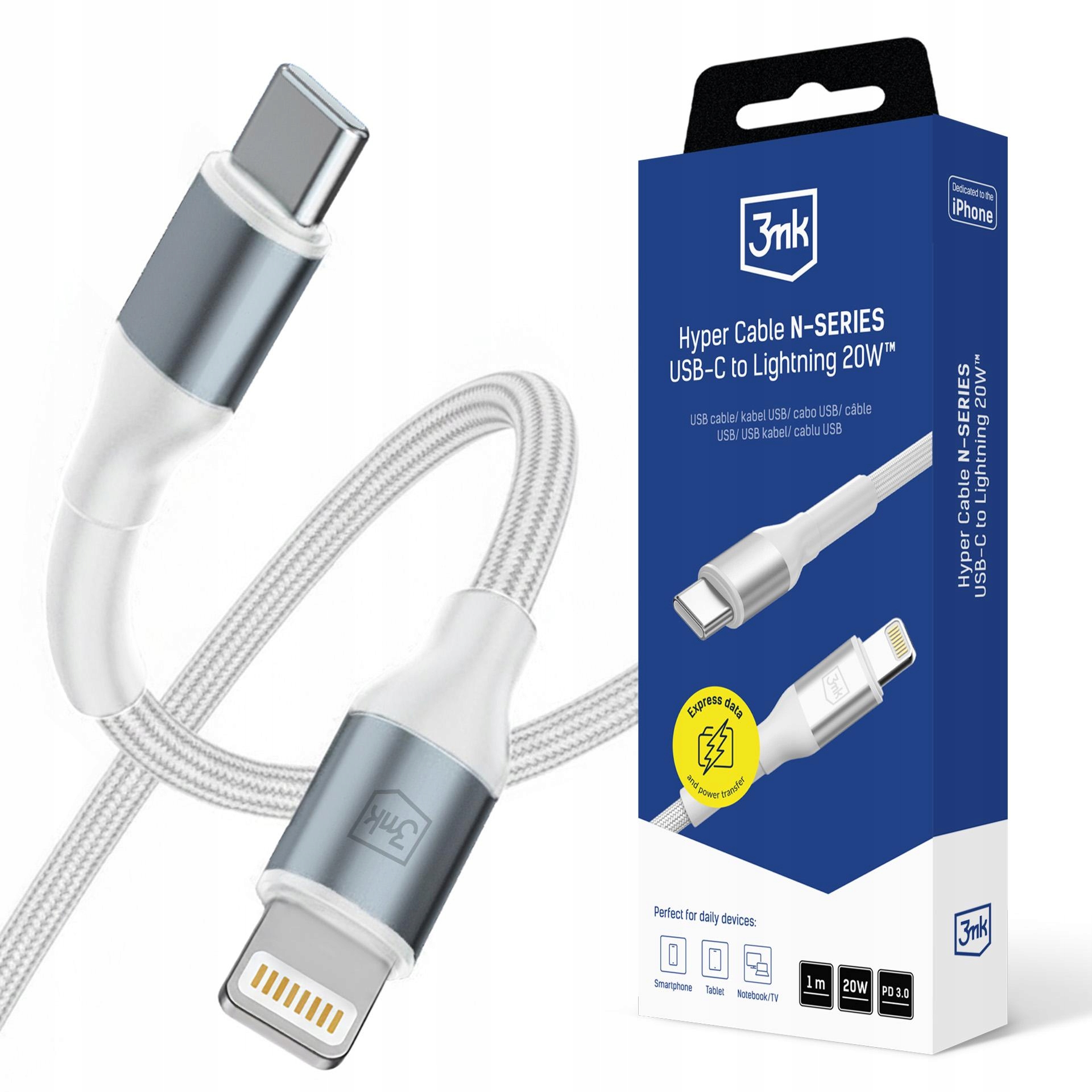 Kabel 3mk Hyper Cable N- Series Usb- C Lightning 1m 9V/ 2A 20W biały 3mk