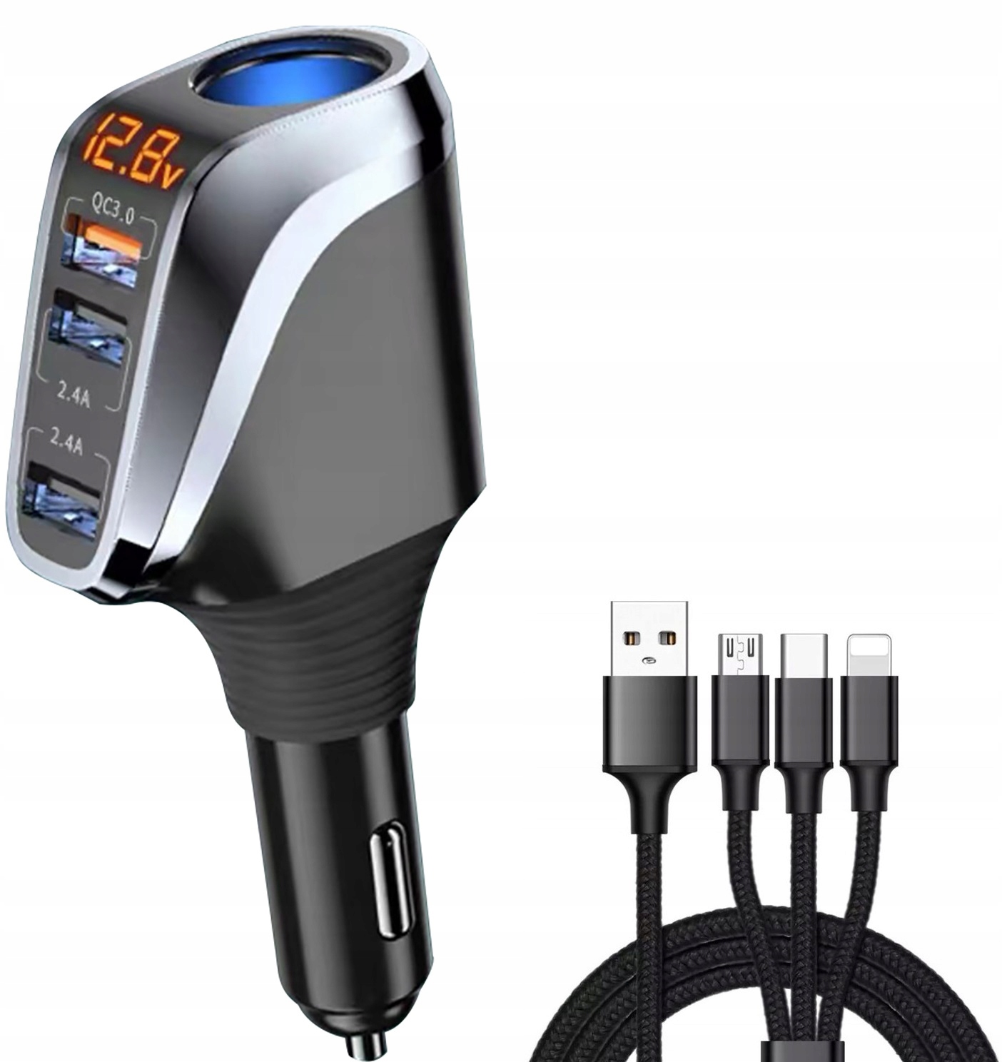 SZYBKA ŁADOWARKA SAMOCHODOWA 4 porty KABEL 3w1 lightning typ C microUSB