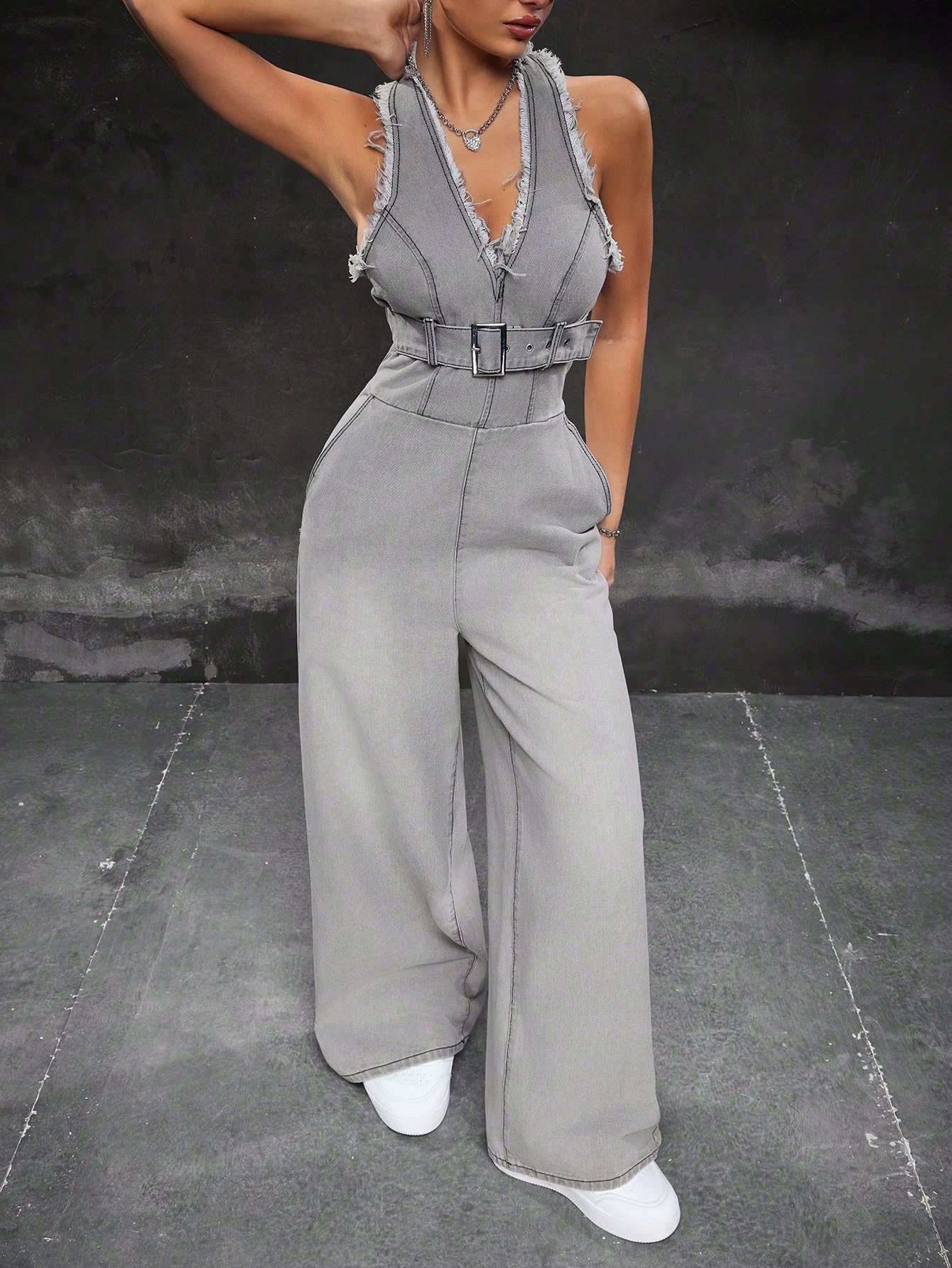Džínová Kombinéza S Odhalenými Zády, Surové Provedení, Šedá Shein, Velikost 40