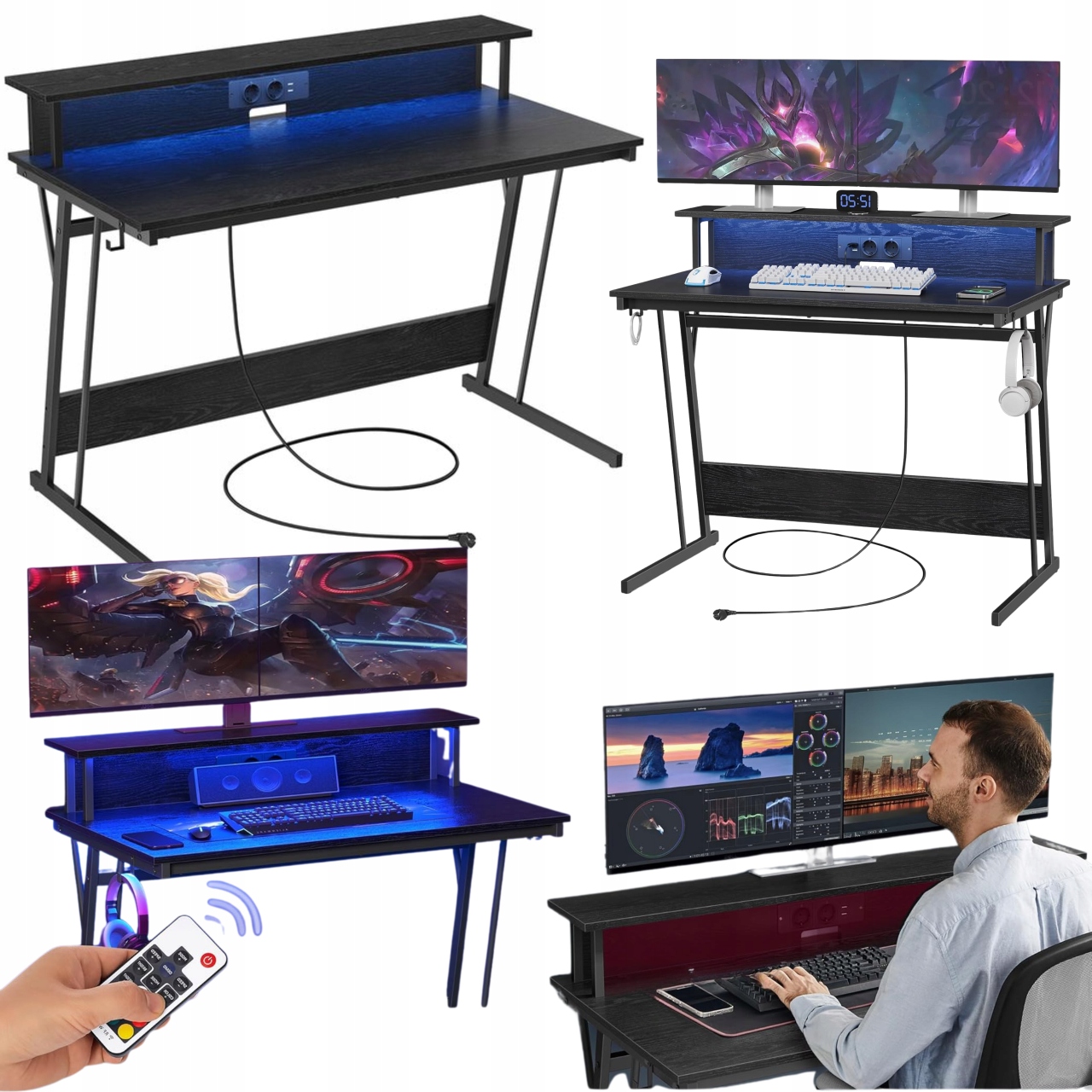Počítačový stôl čierny 100 cm Led Rgb podsvietenie Usb Stojan na monitor